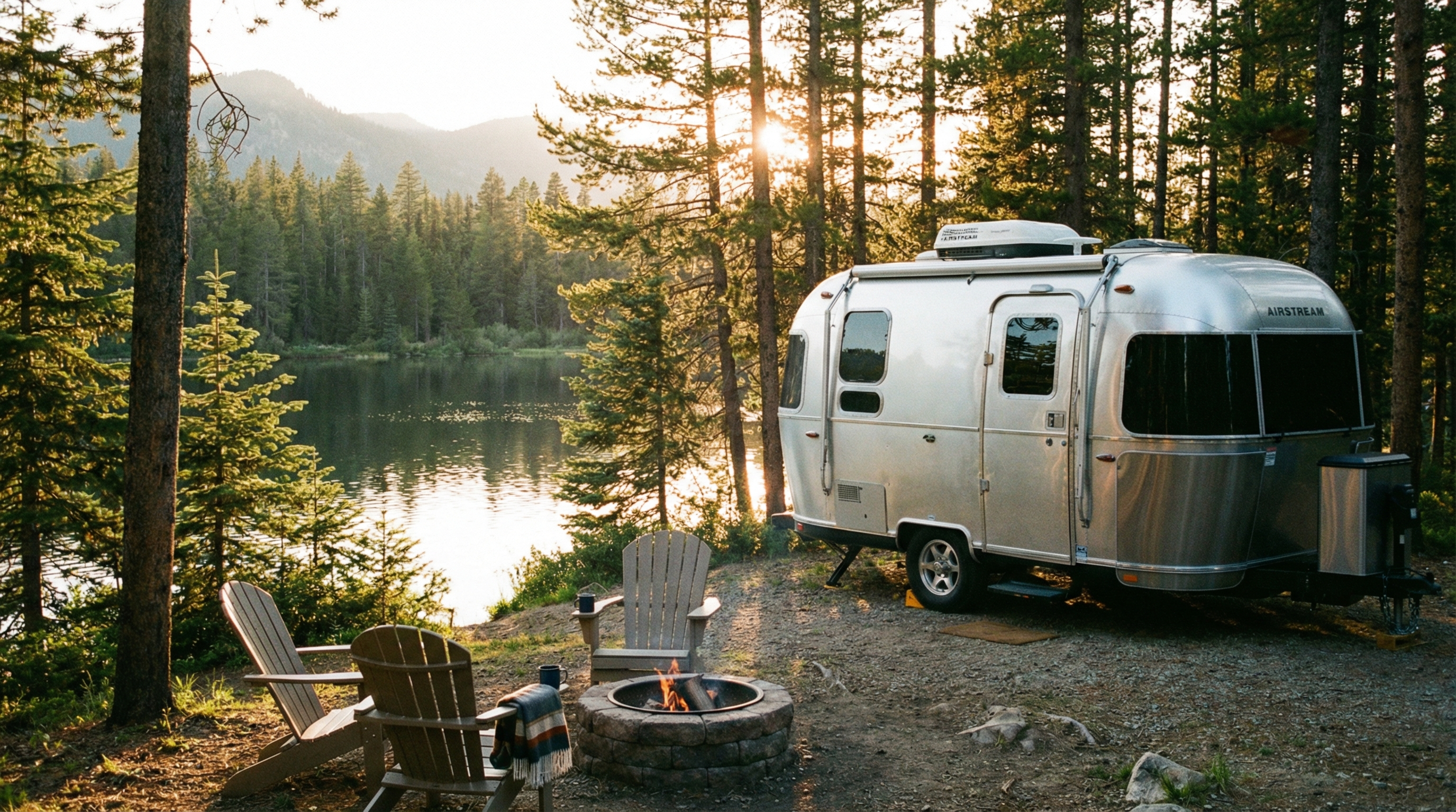 Budget-friendly camping trip with an RV parked at a scenic campground during sunset