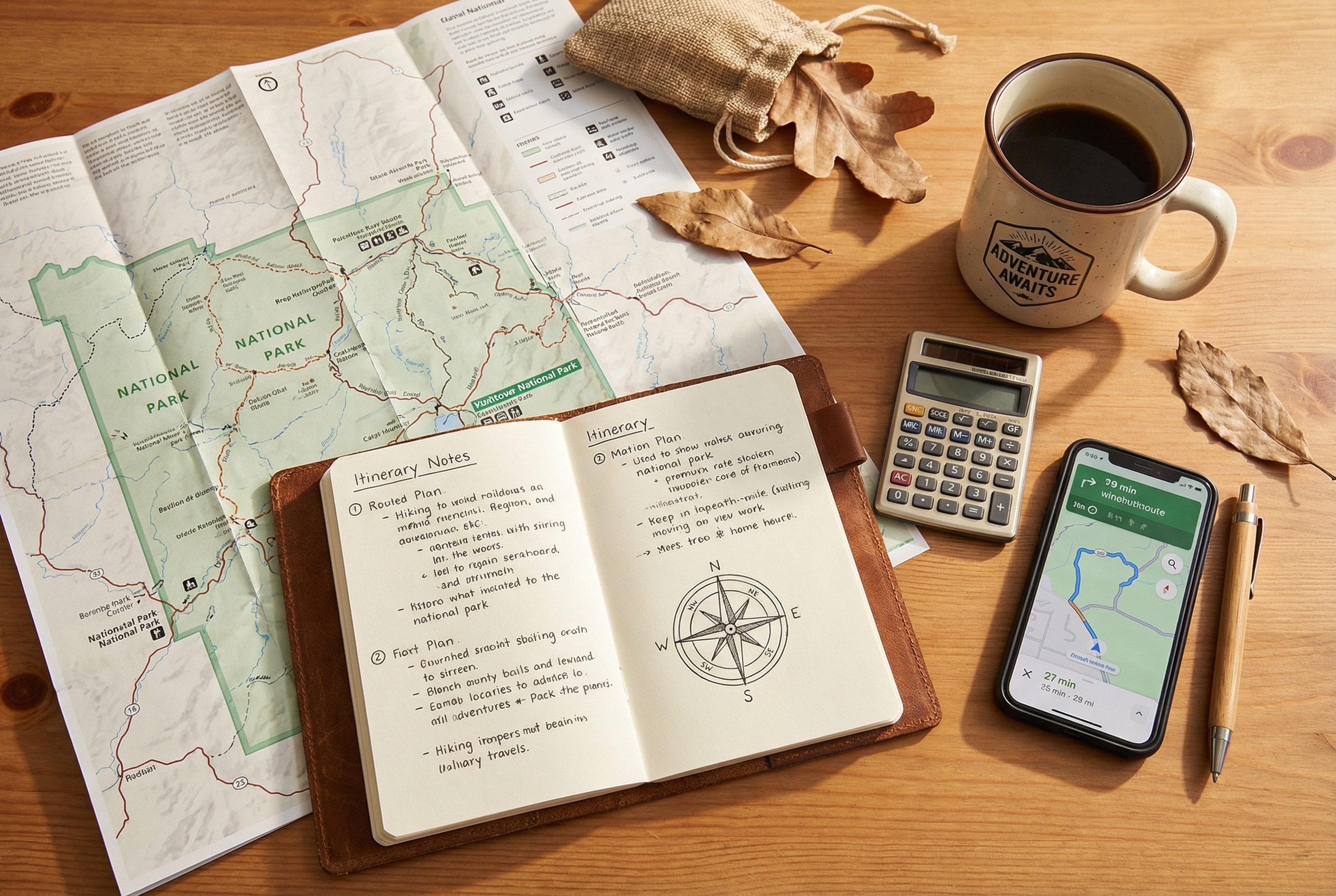 Travel planning setup with a notebook, map, phone, and calculator for budgeting a camping trip