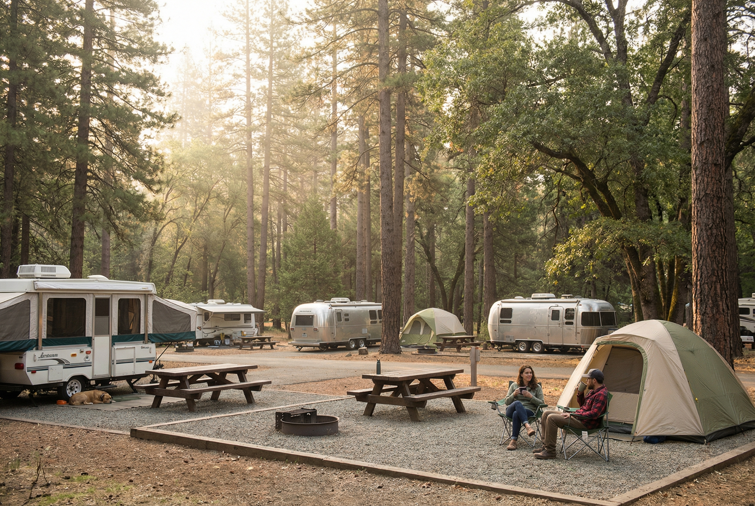 Campground with RV sites spaced out, trees, and a calm morning atmosphere
