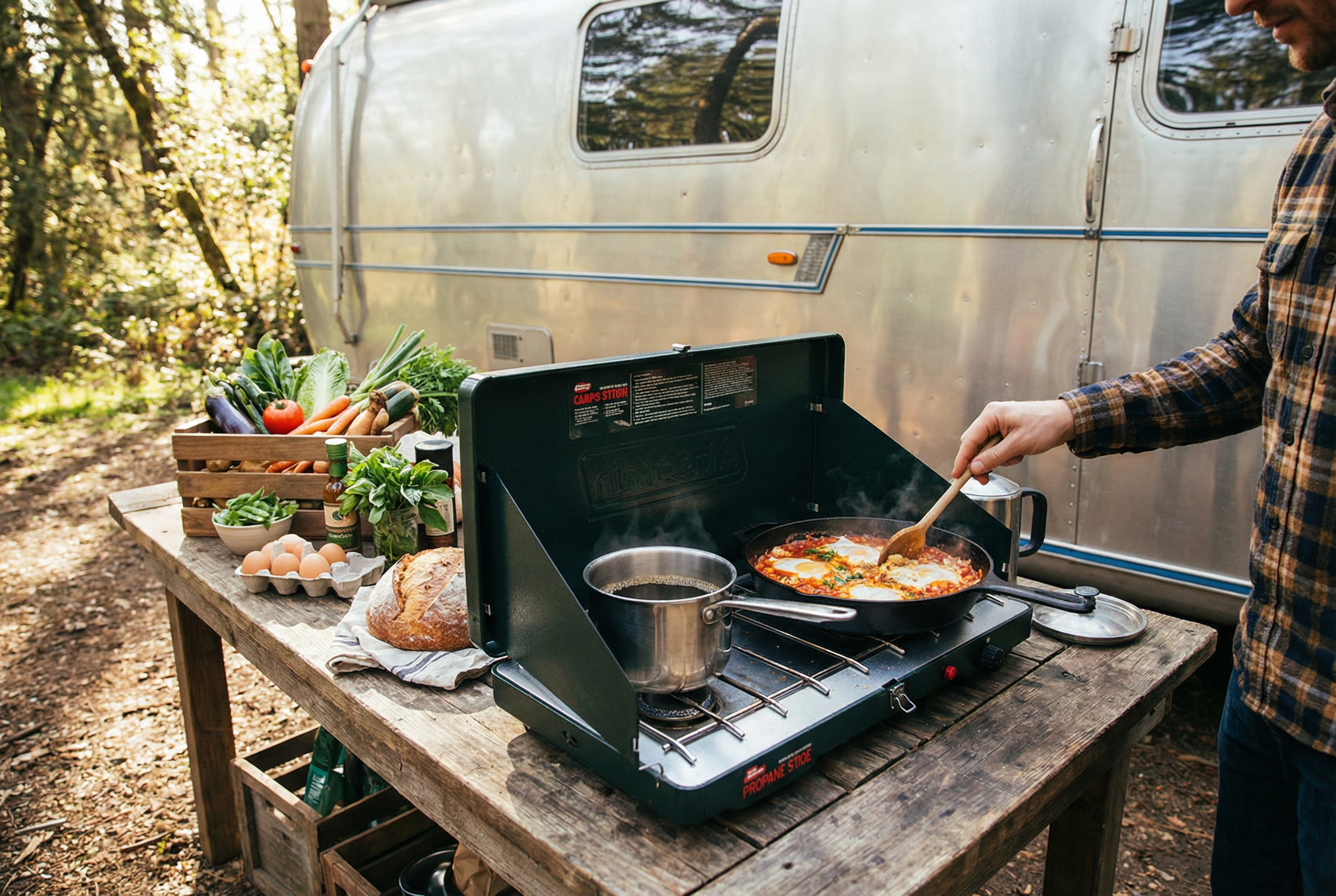Simple camping meal prep setup with cookware and ingredients near an RV or campsite table
