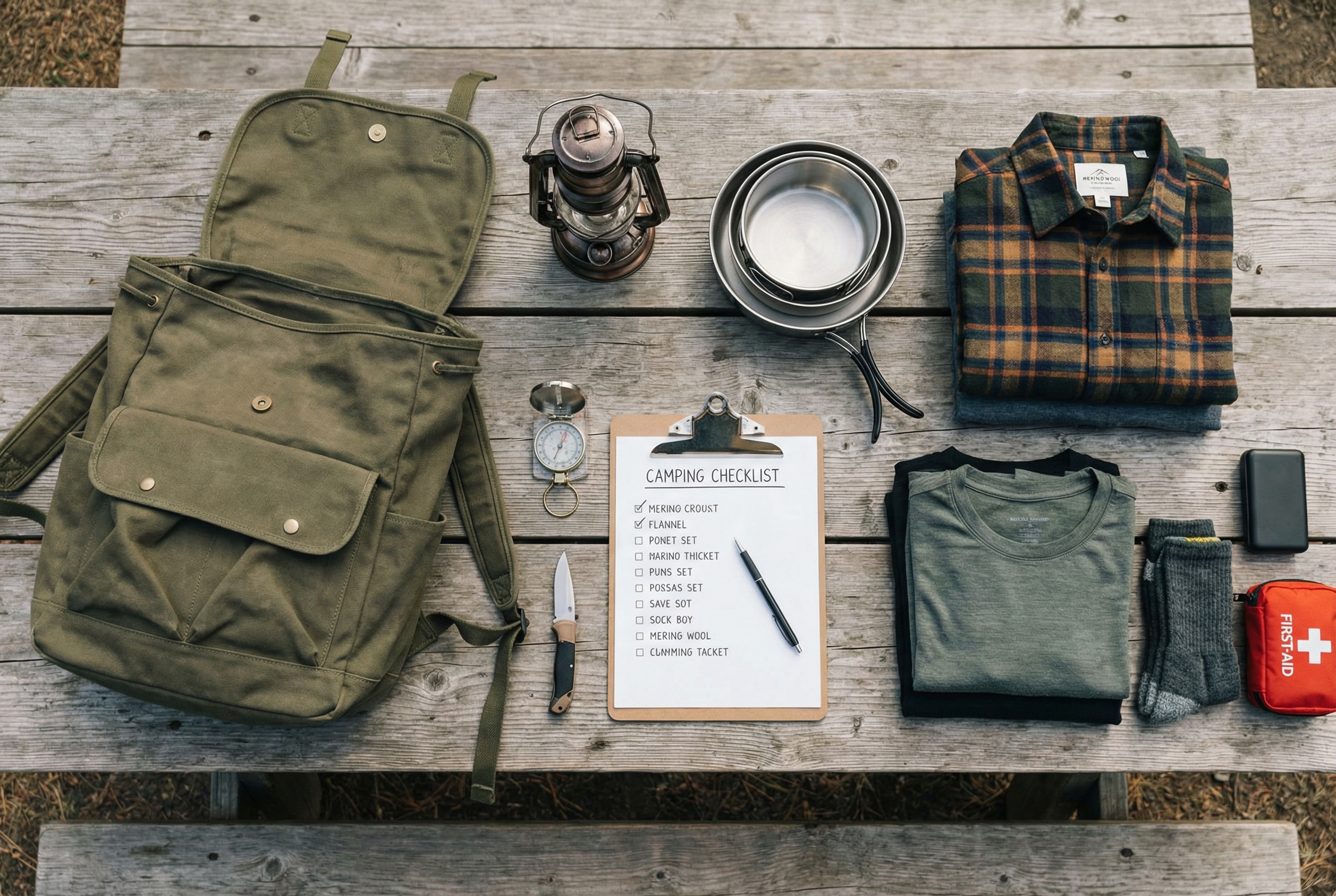 Organized camping gear and packing layout on a table with essentials arranged neatly