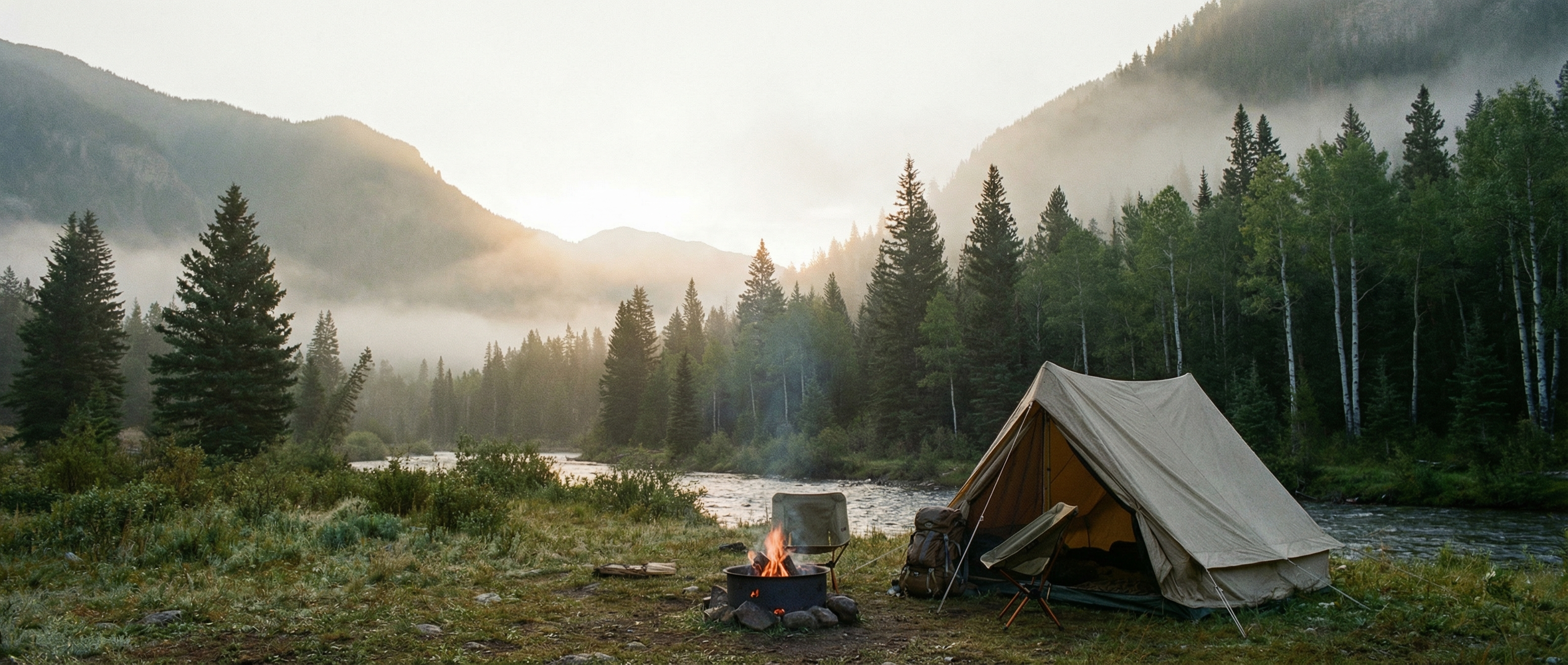Remote wilderness campsite at dawn with calm, prepared outdoor atmosphere