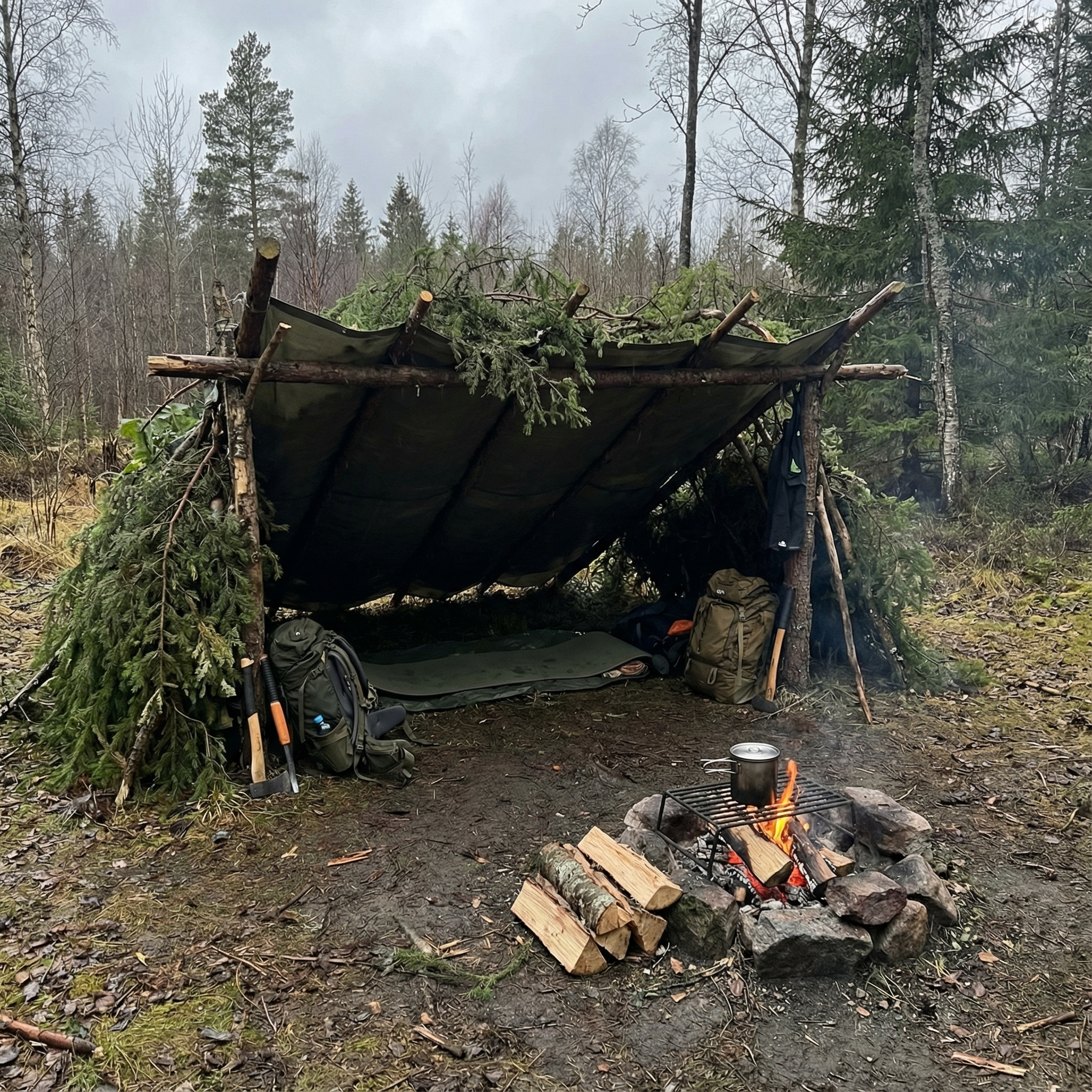 Practical wilderness shelter and controlled campfire setup in a forest clearing