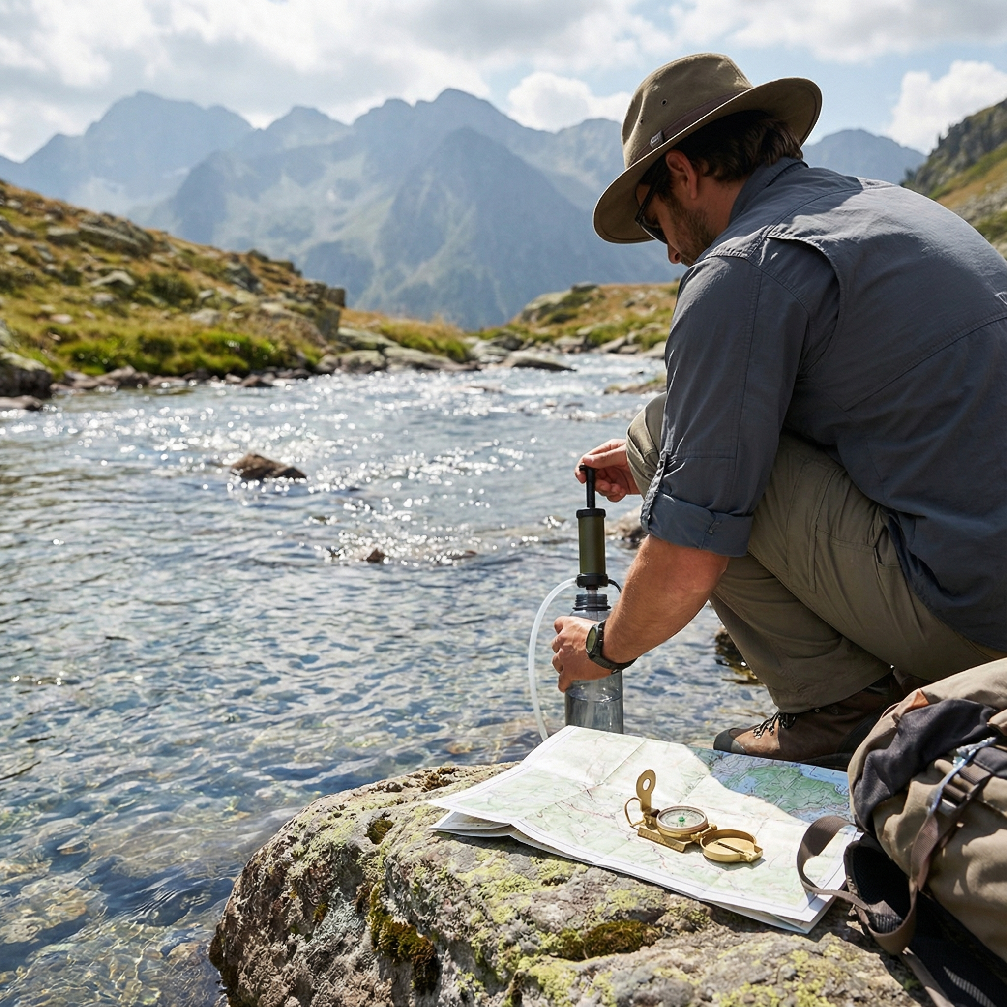Filtering water from a clear stream with navigation tools nearby, showing calm preparedness