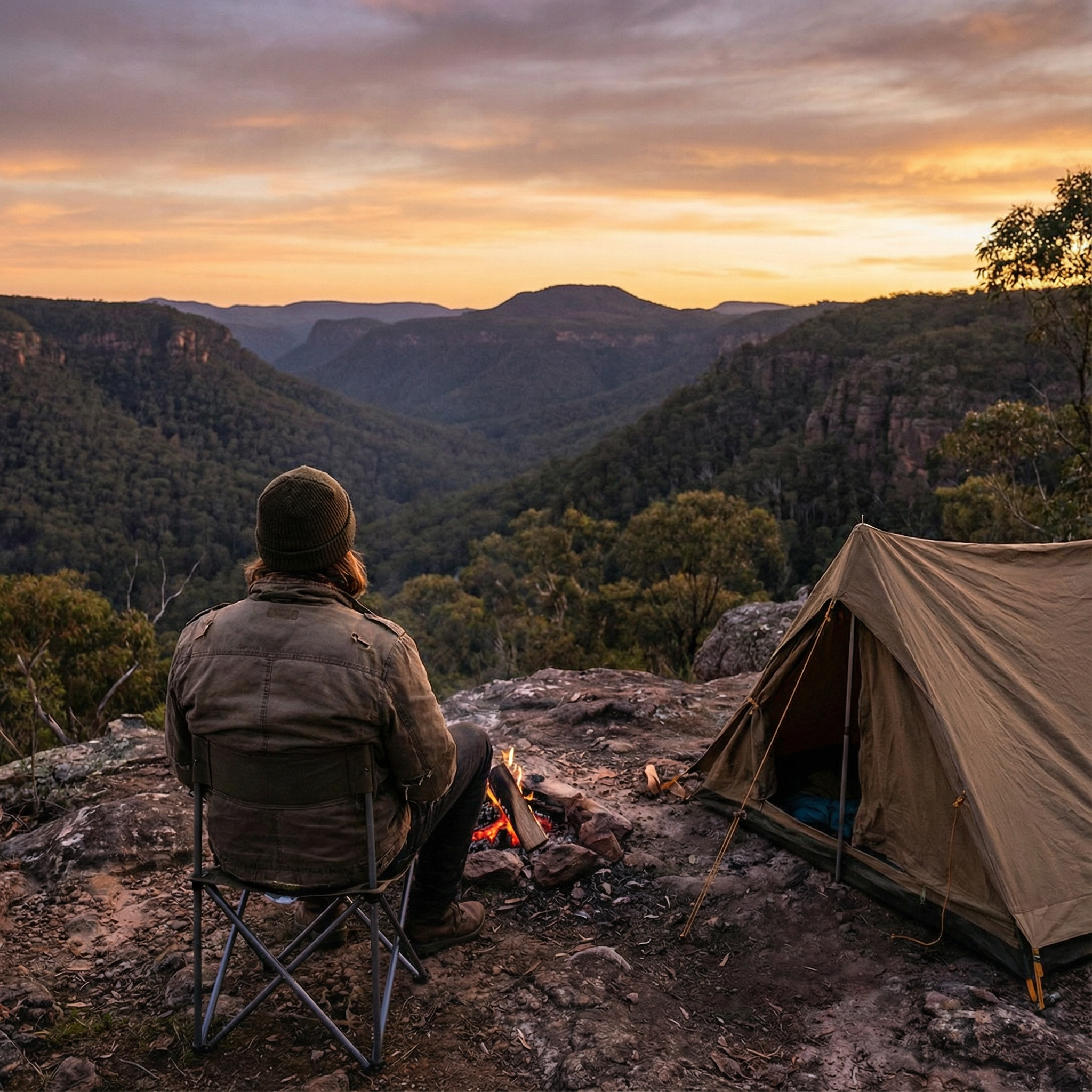 Traveler resting calmly at a campsite overlooking wilderness, representing mental resilience and preparedness