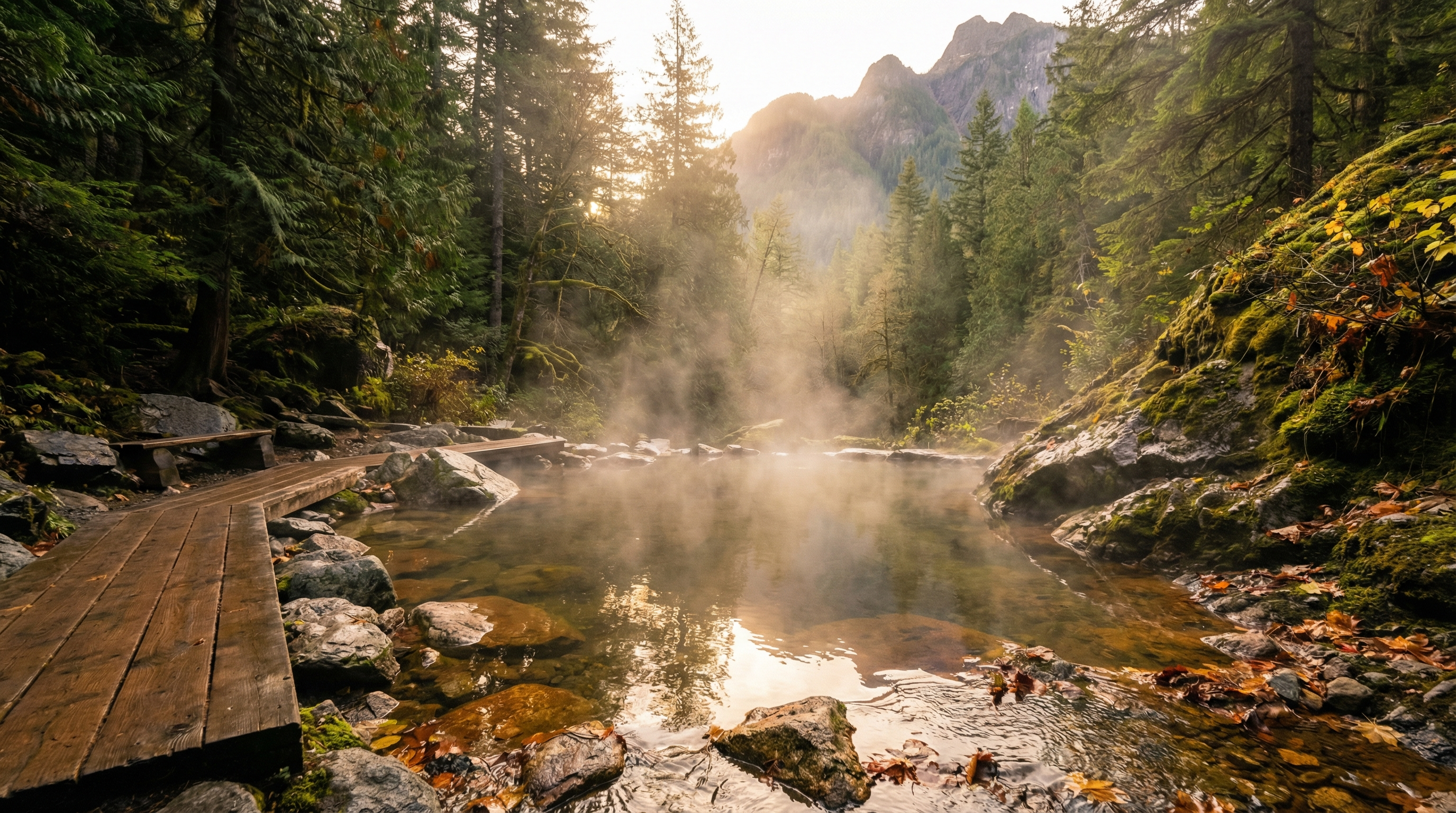 Steaming natural hot spring surrounded by forest and mountains