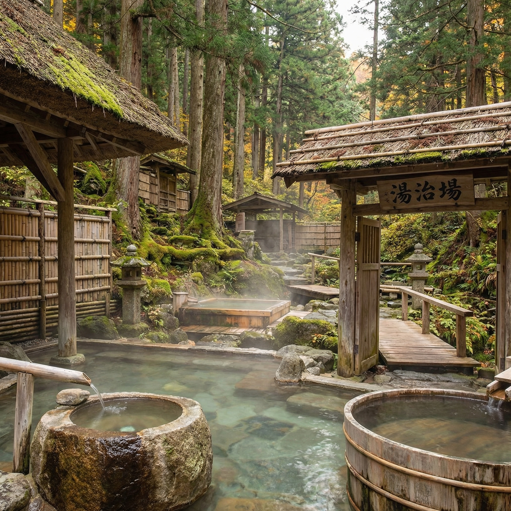 Natural hot spring pool framed by stone and forest
