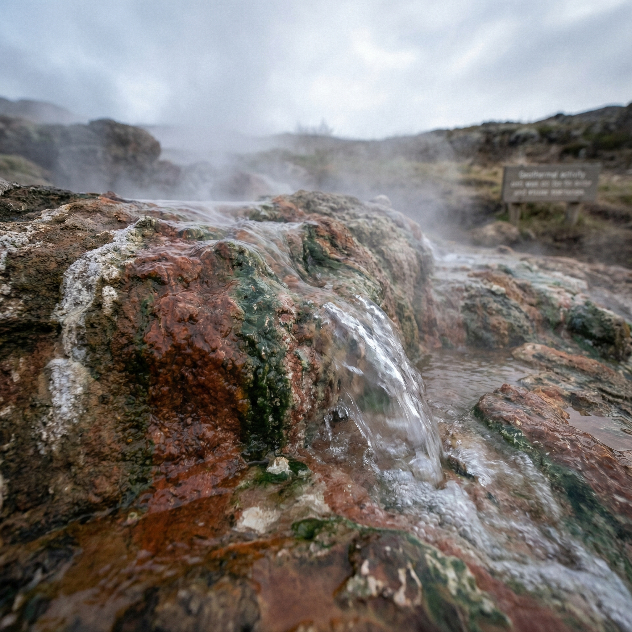 Mineral-rich hot spring water with steam and natural rock textures