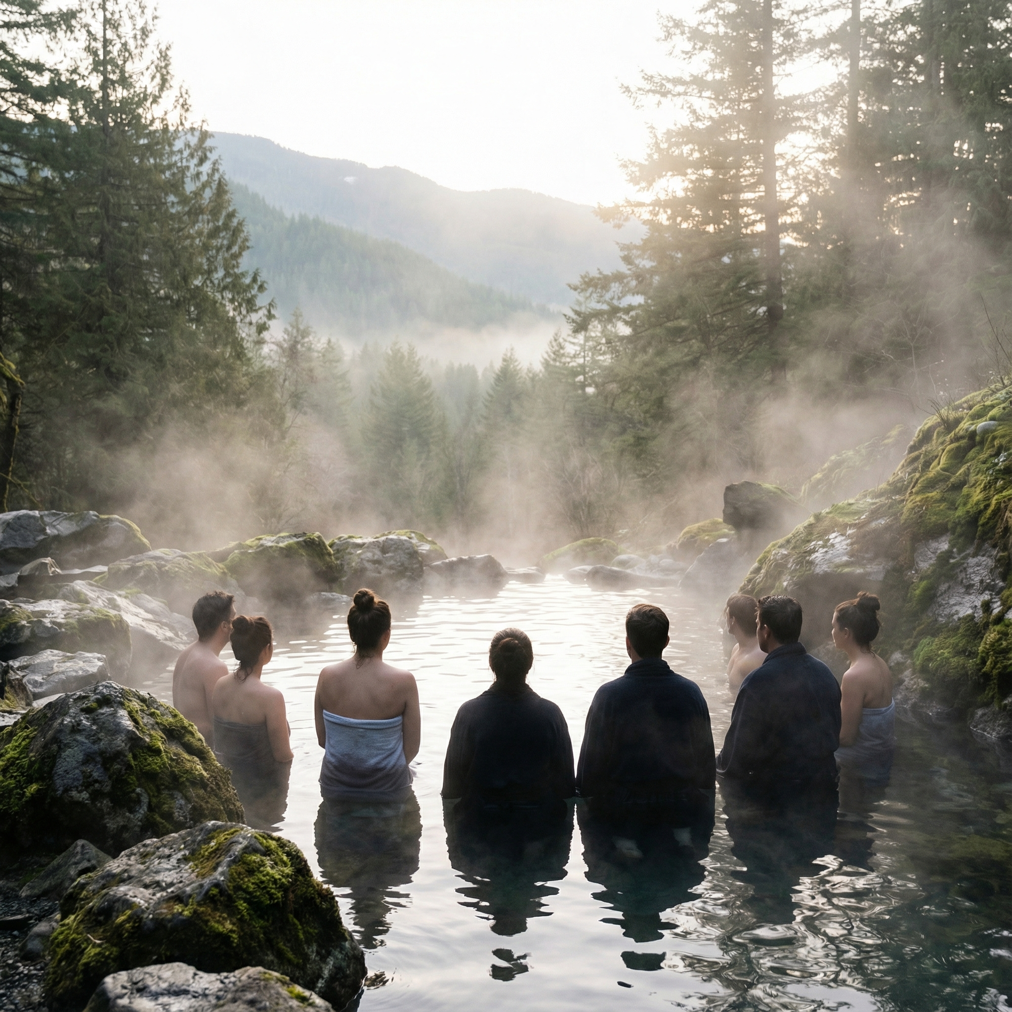 Quiet hot spring soaking moment with steam and a calm evening atmosphere