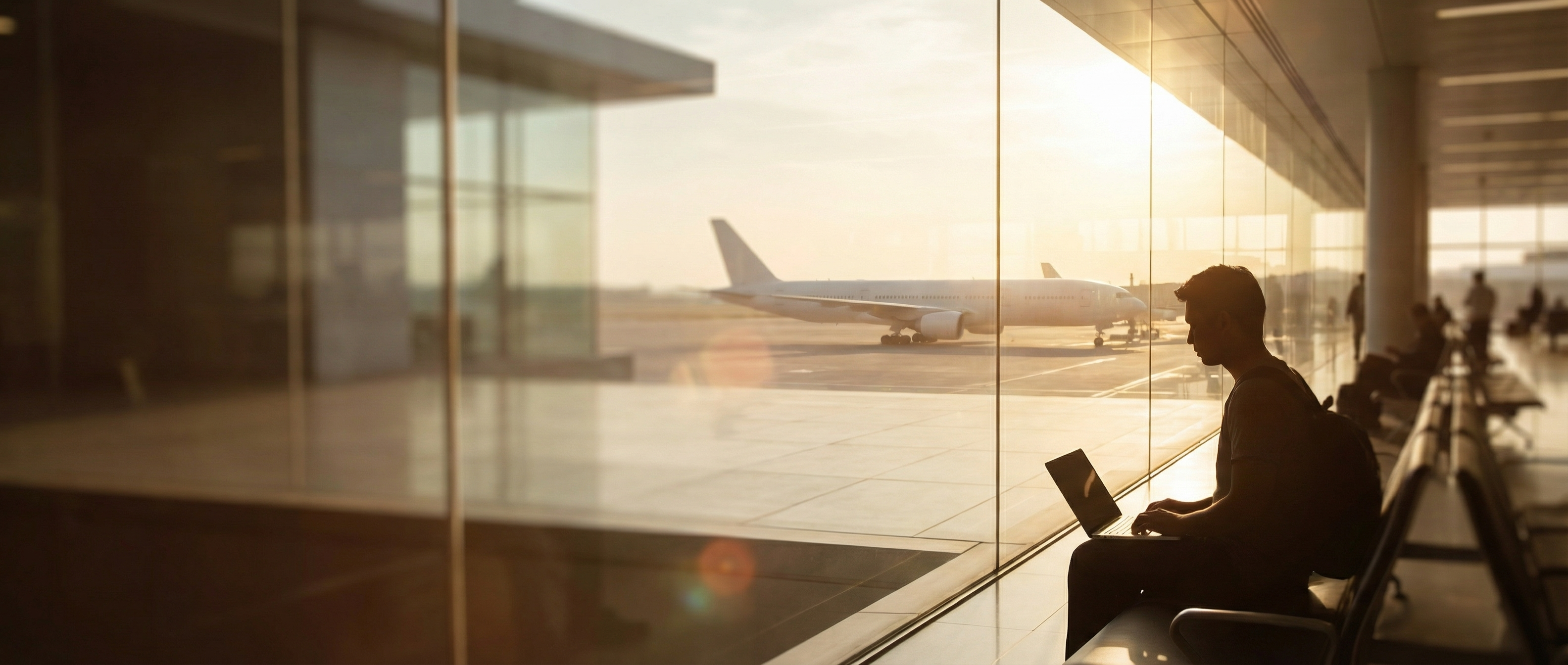 Traveler calmly planning flights at an airport