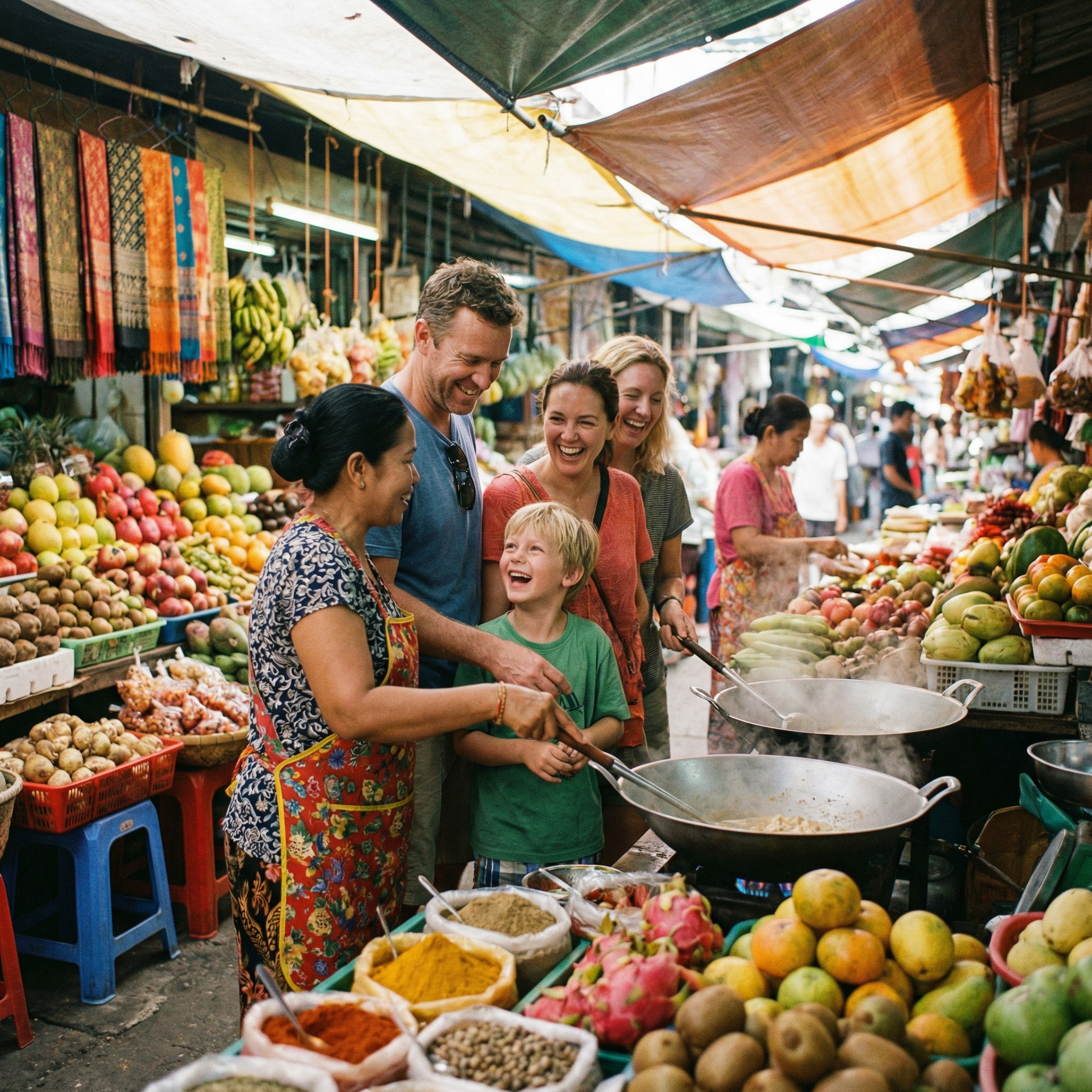 Family cultural travel moment, exploring local market or food experiences