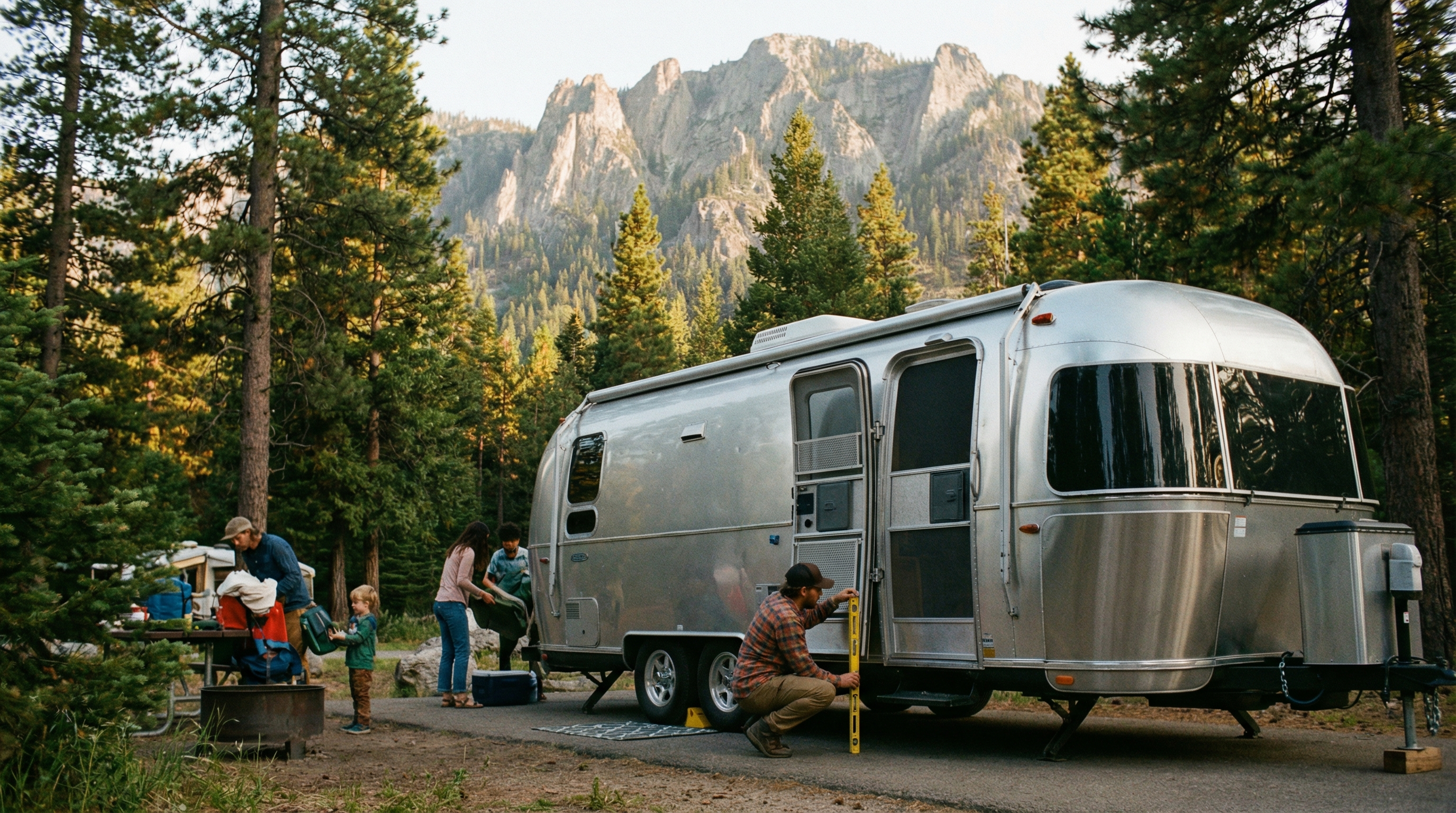 Family setting up a travel trailer at a campground using a level