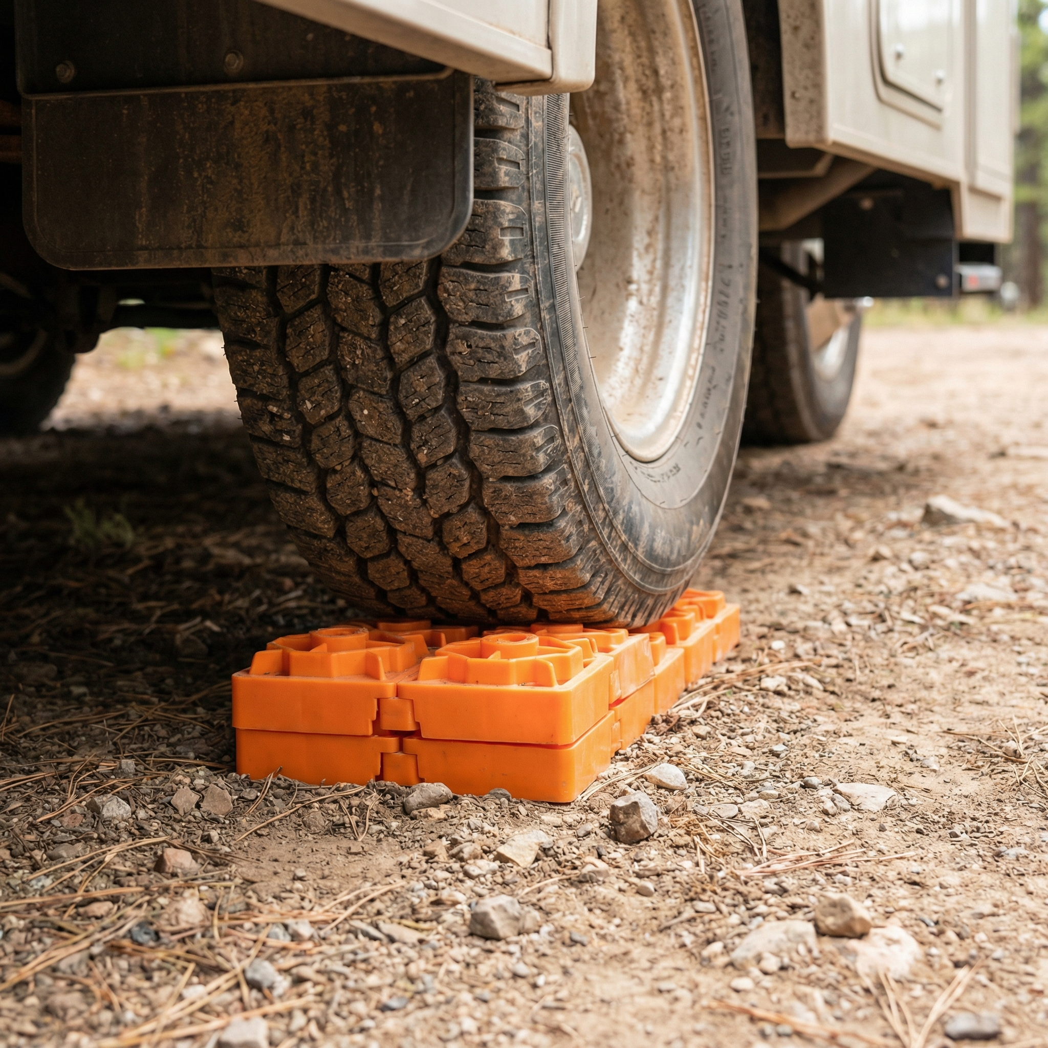 Travel trailer tire driving onto leveling blocks at campsite