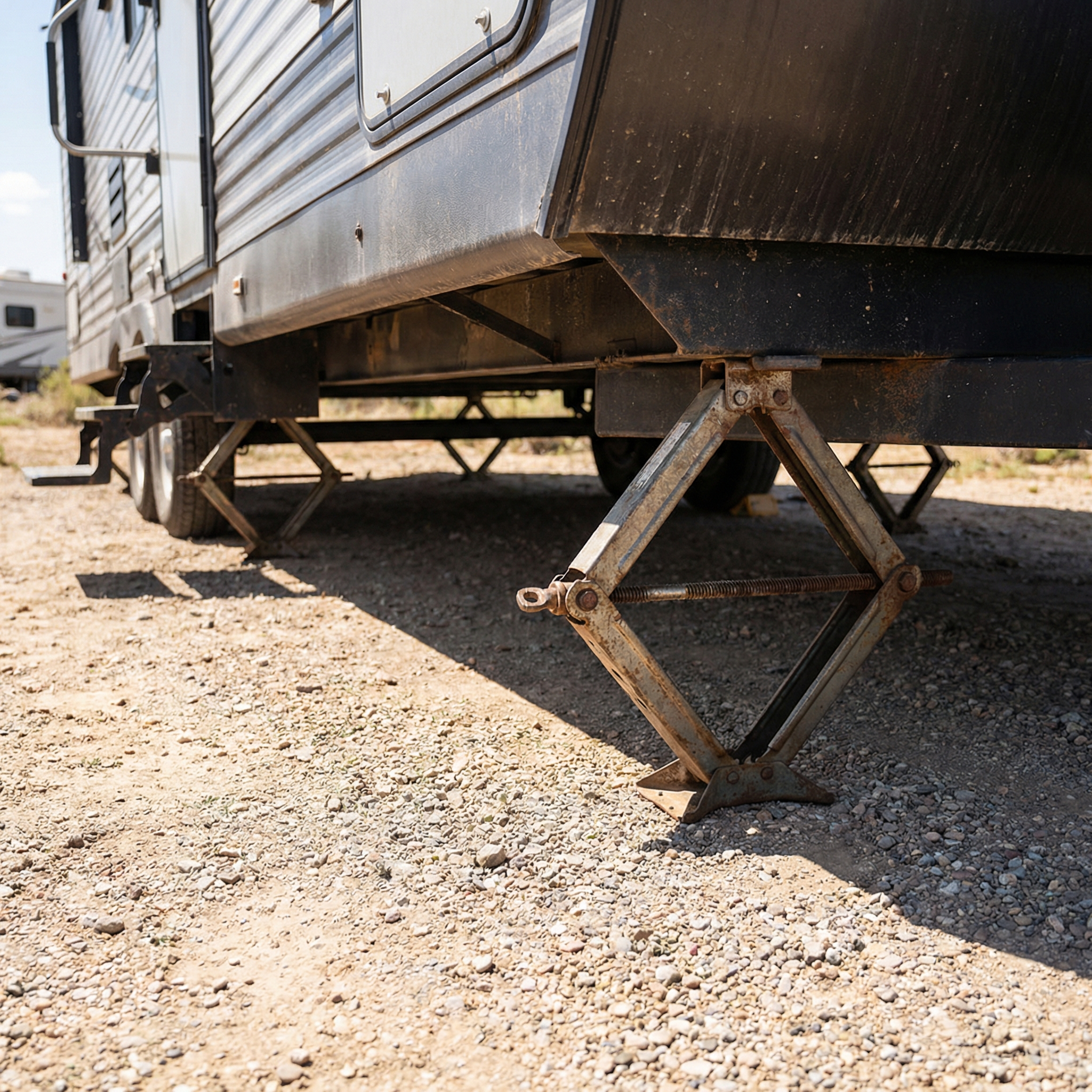 RV stabilizer jacks extended under travel trailer frame