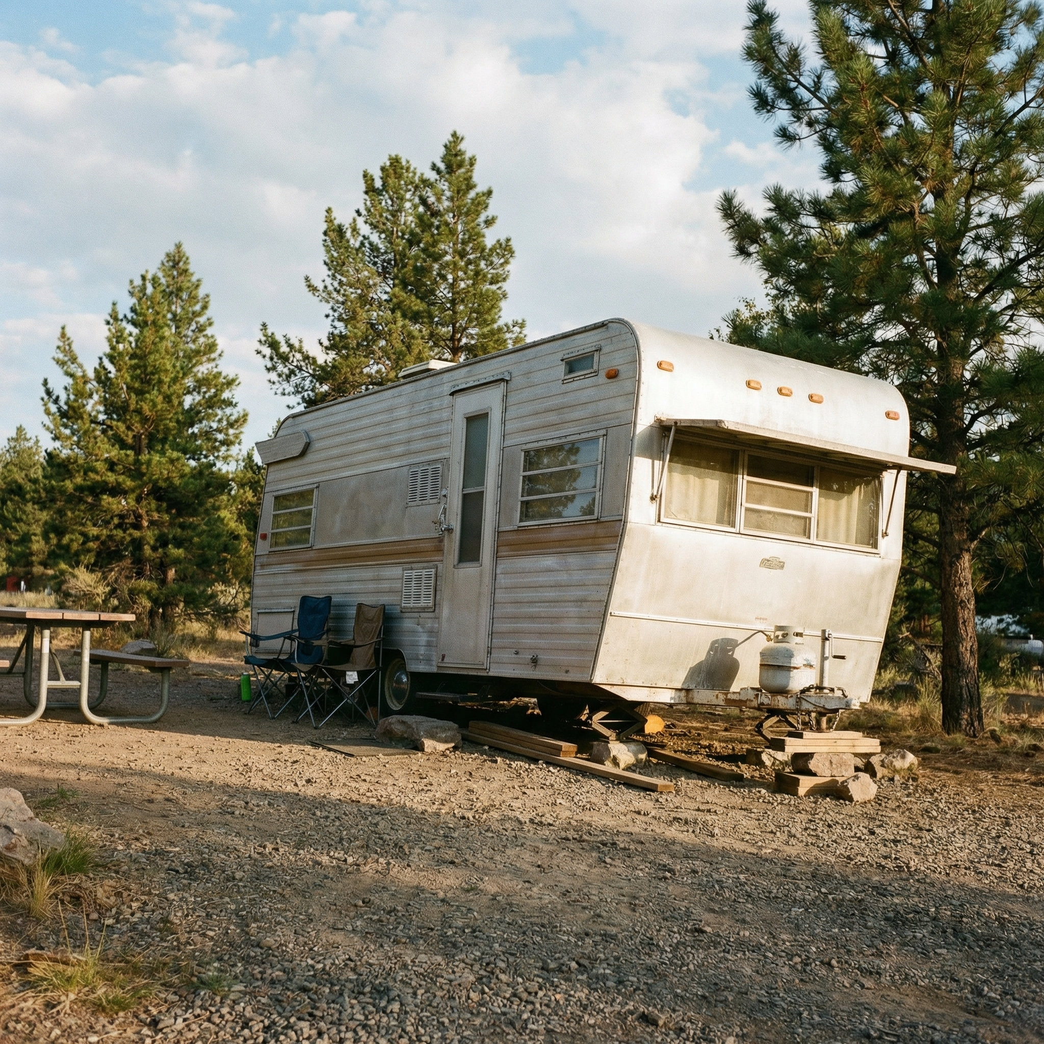 Crooked travel trailer parked unevenly at campsite