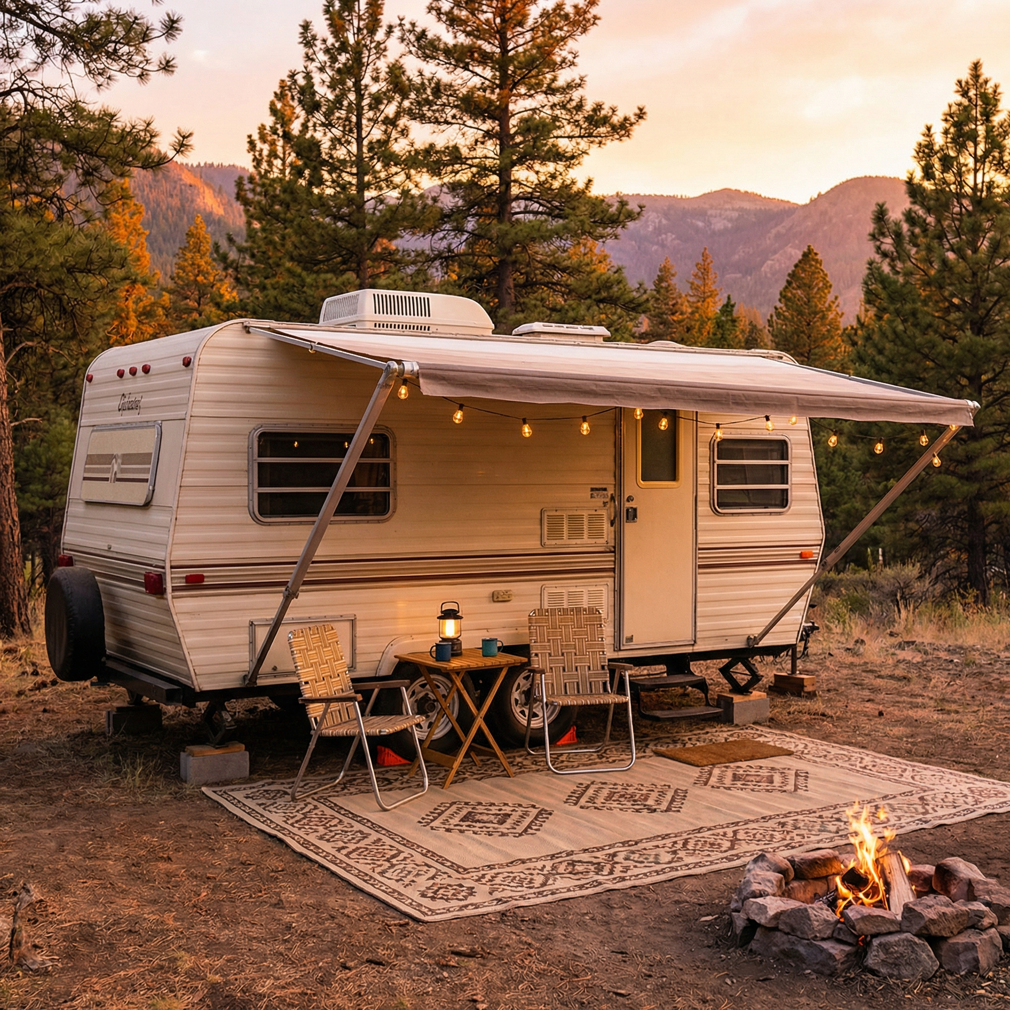 Properly leveled travel trailer at sunset campsite