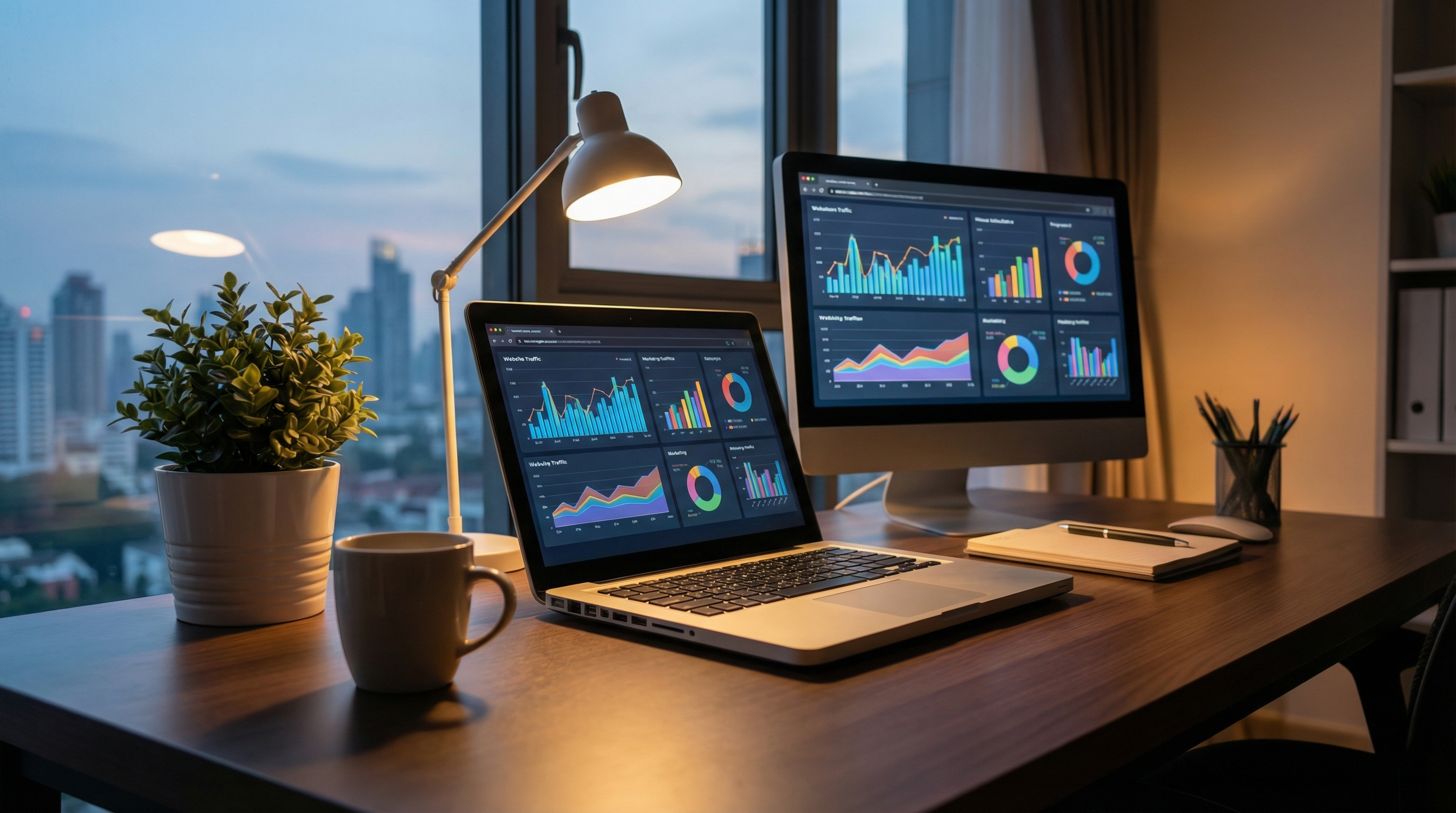 Affiliate marketing workspace with analytics dashboard and planning setup