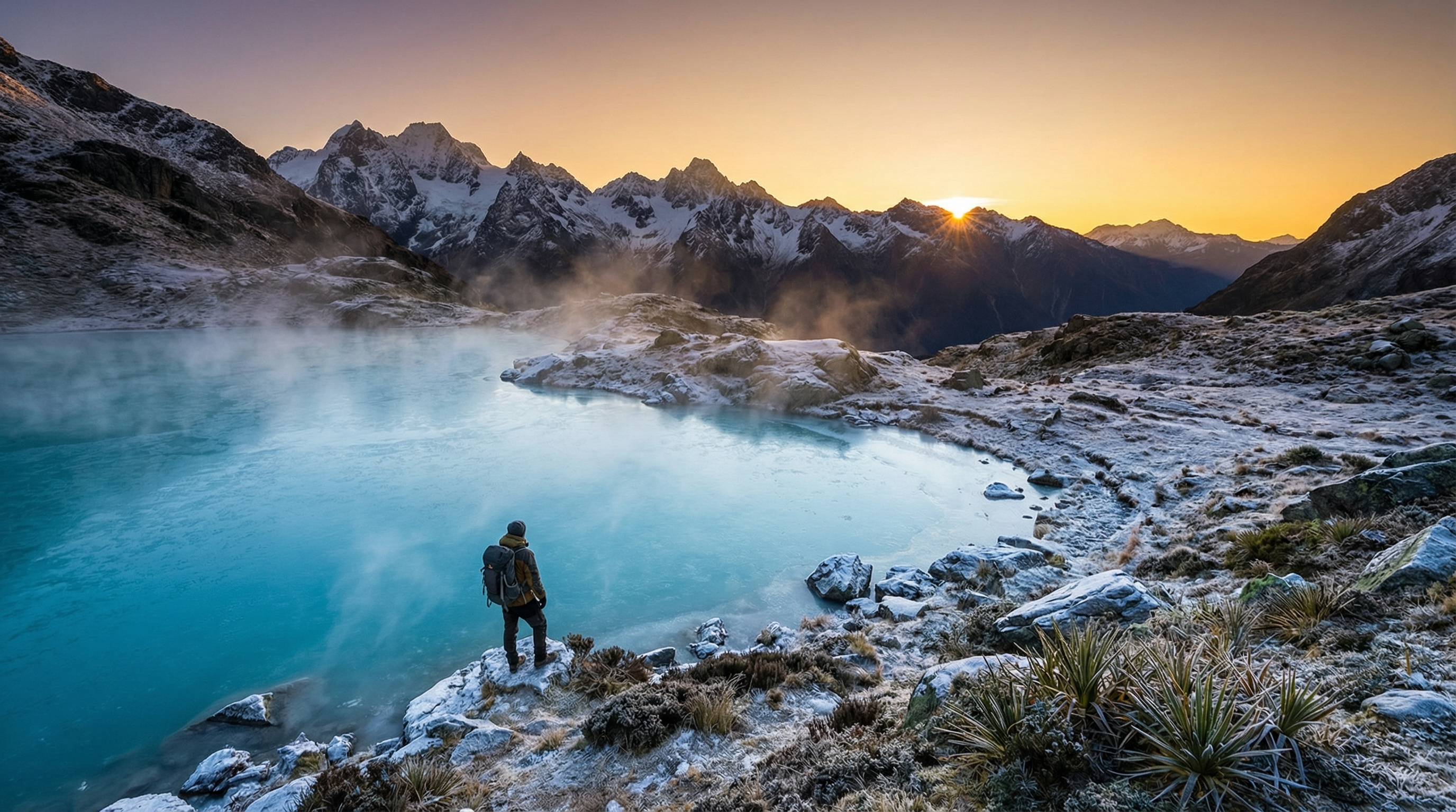 Traveler preparing to enter icy water in a natural landscape