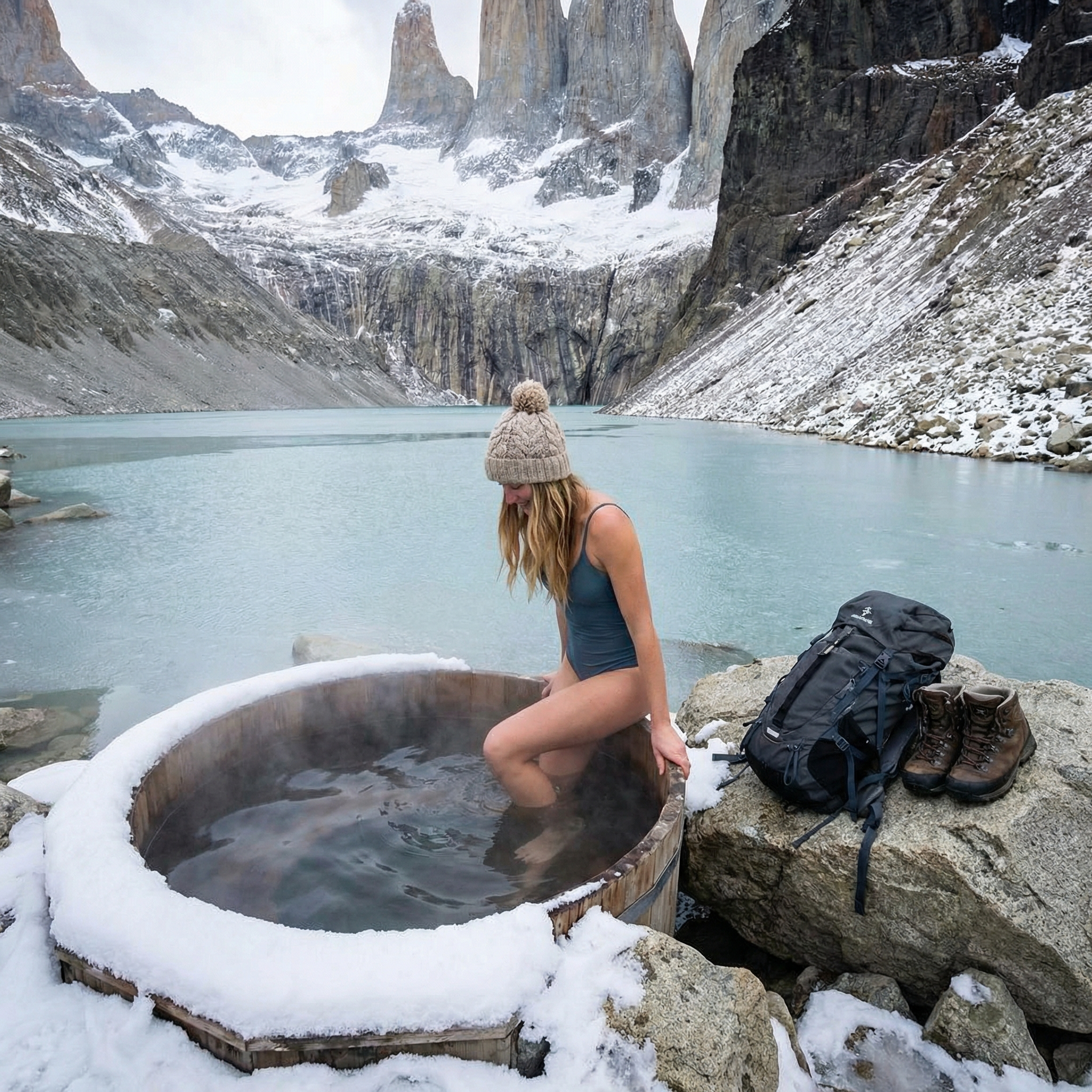 Traveler beside an icy river in a natural setting