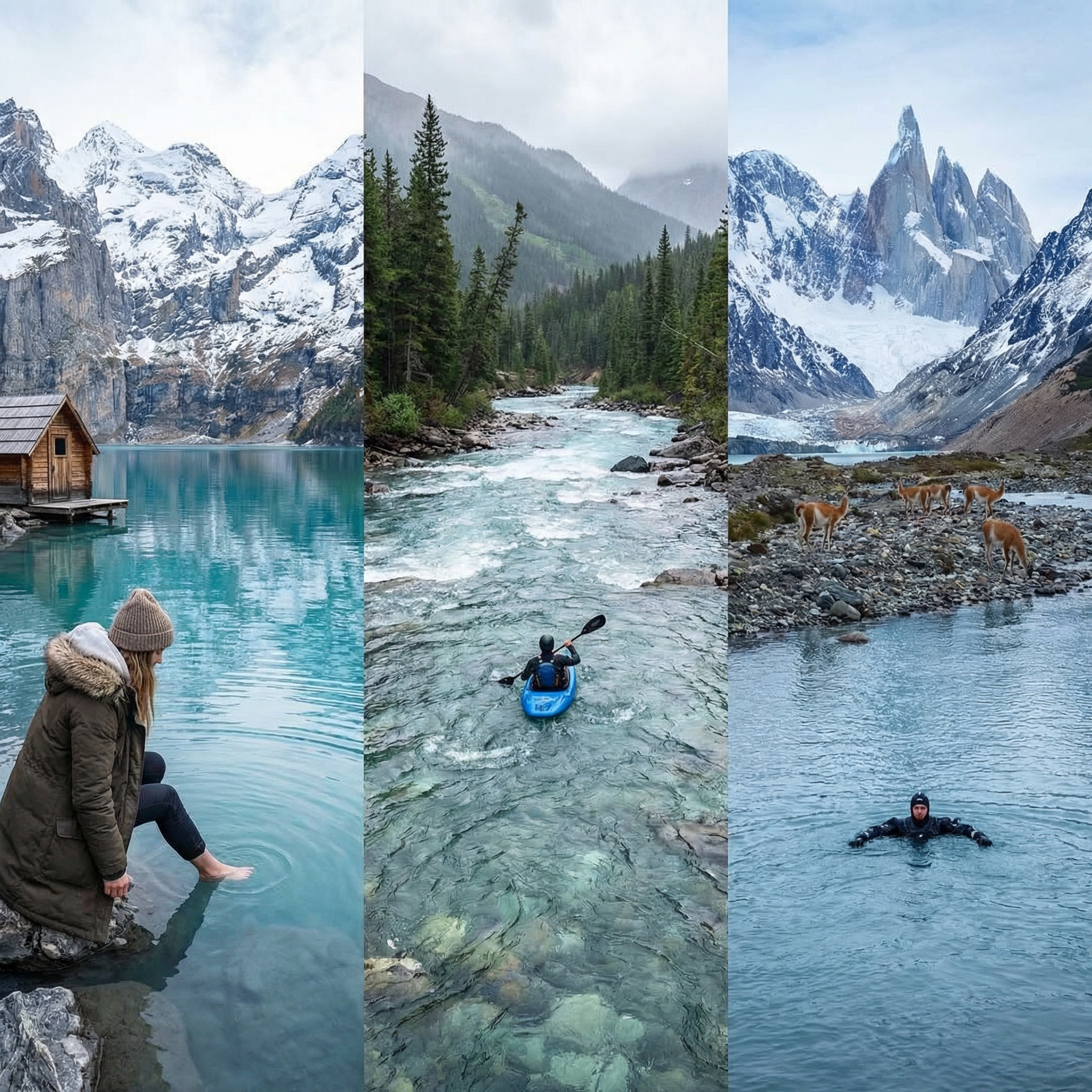 Turquoise alpine lake with snow-capped peaks