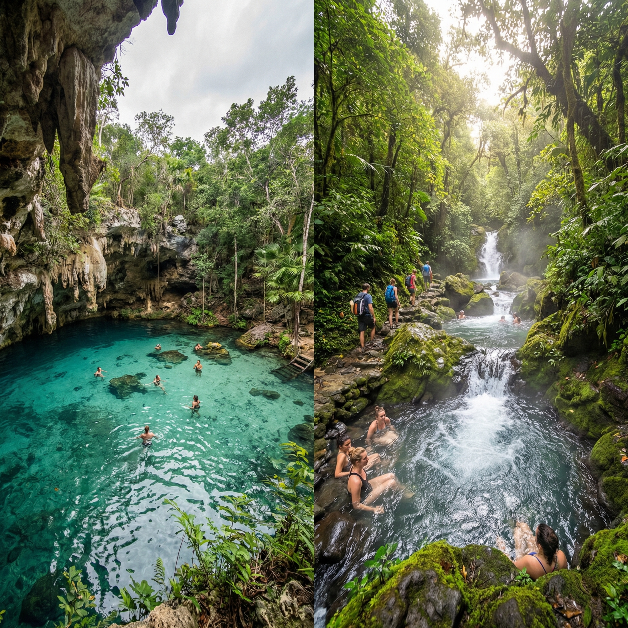 Clear cenote water surrounded by rock and jungle