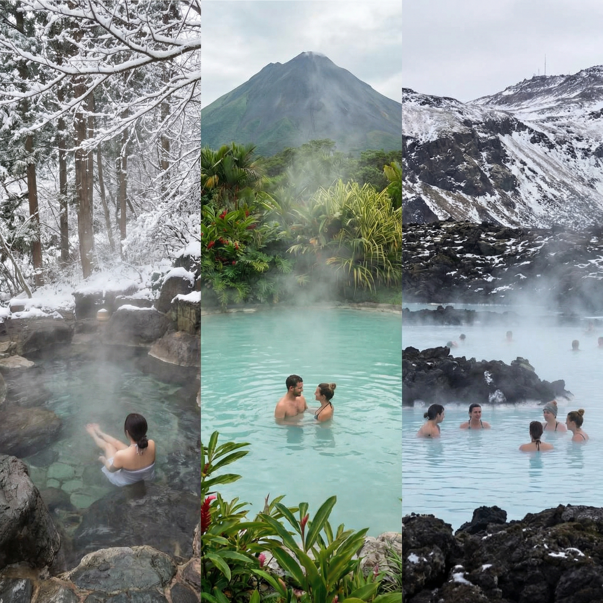 Warm hot spring area near a cold river in a volcanic landscape