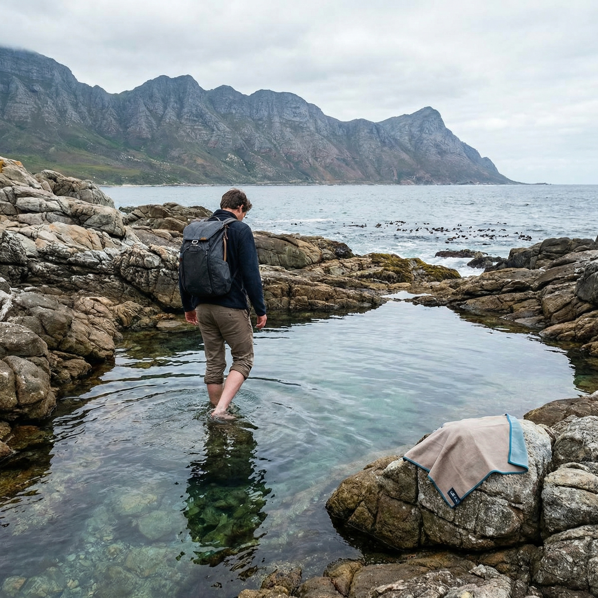 Traveler preparing for gentle cold water entry with a calm approach