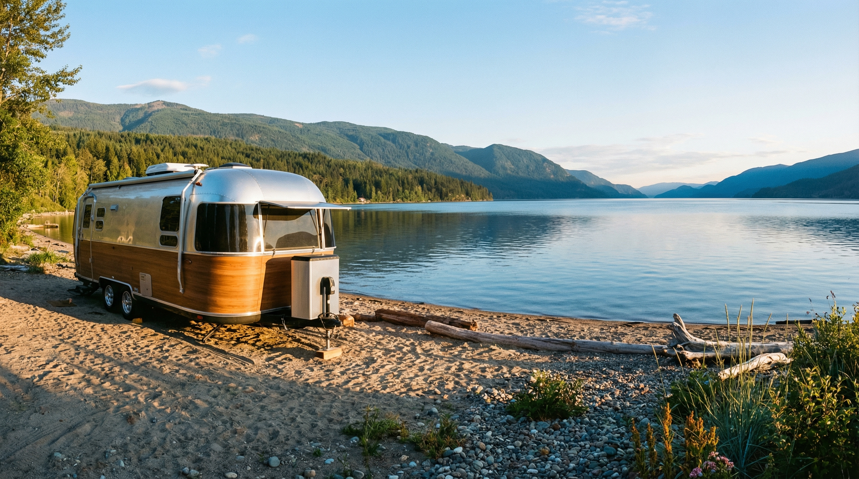 RV parked beside Shuswap Lake in British Columbia at golden hour