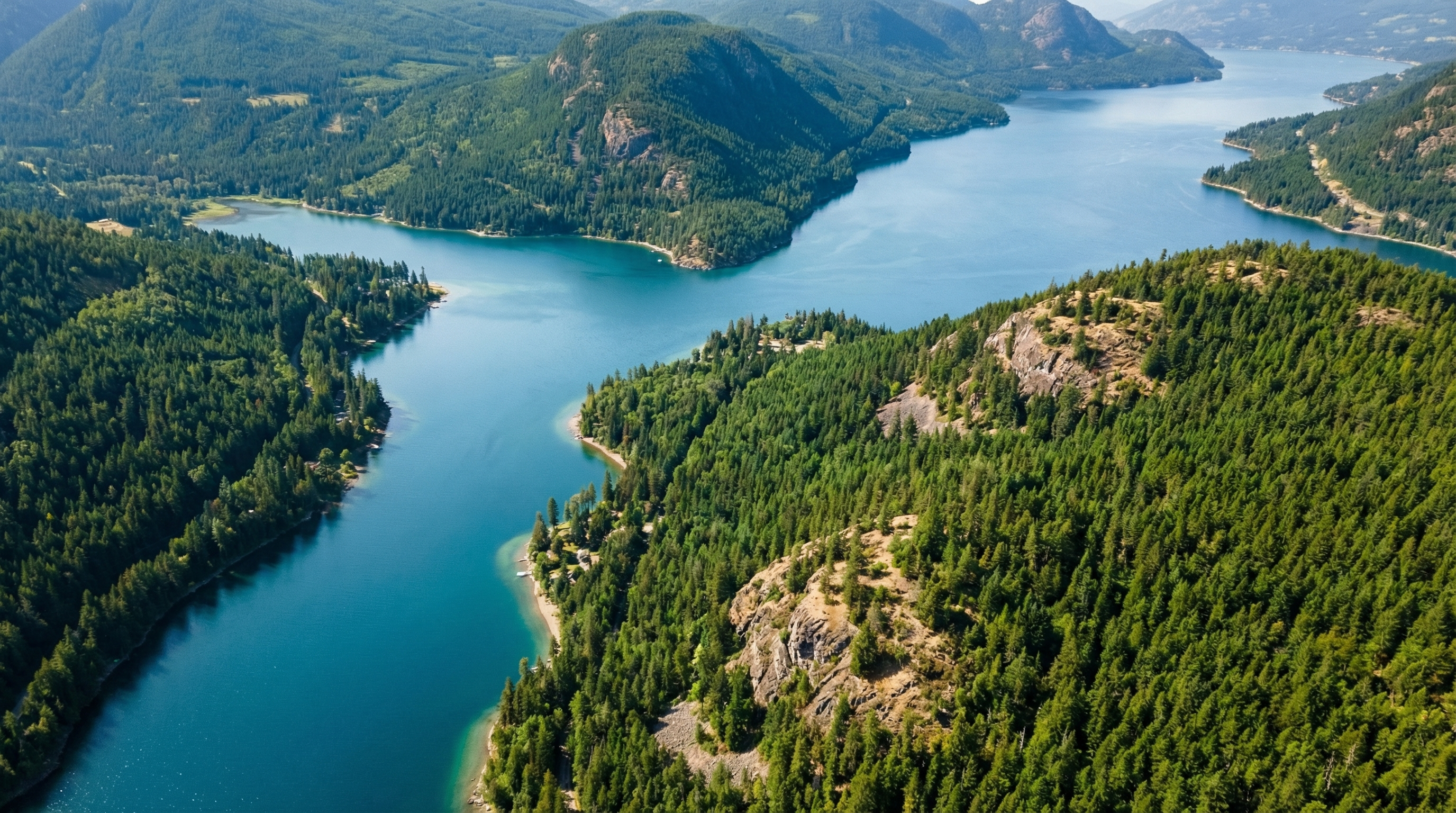 Aerial overview of Shuswap Lake in British Columbia showing multiple lake arms