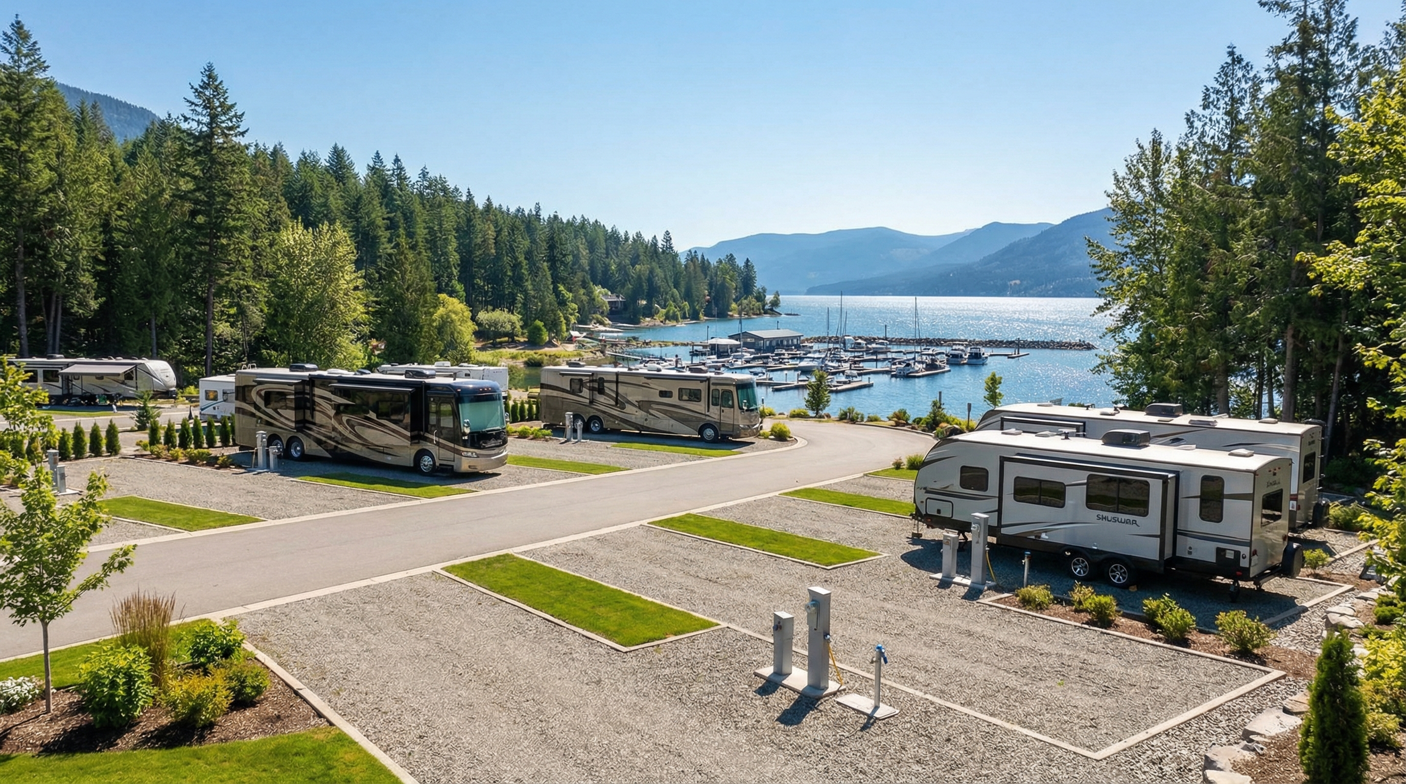 Private RV resort near Shuswap Lake with full hookup sites and clean gravel pads