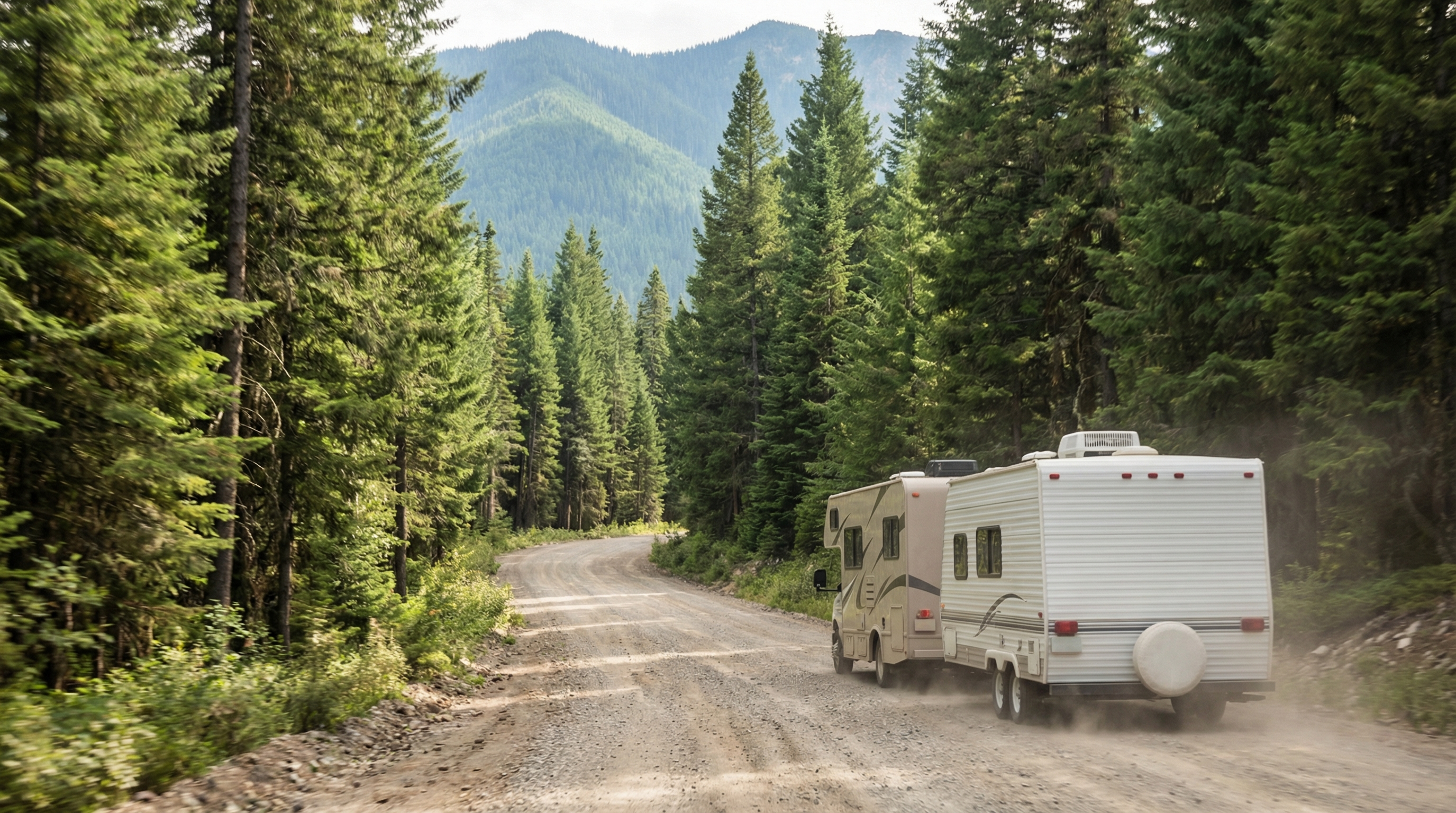 RV towing a travel trailer on a forest highway in British Columbia interior