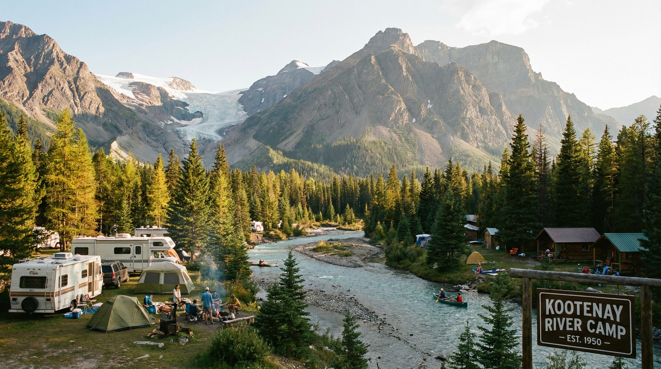 RV camping in the Kootenays with mountain scenery and forest campground setting