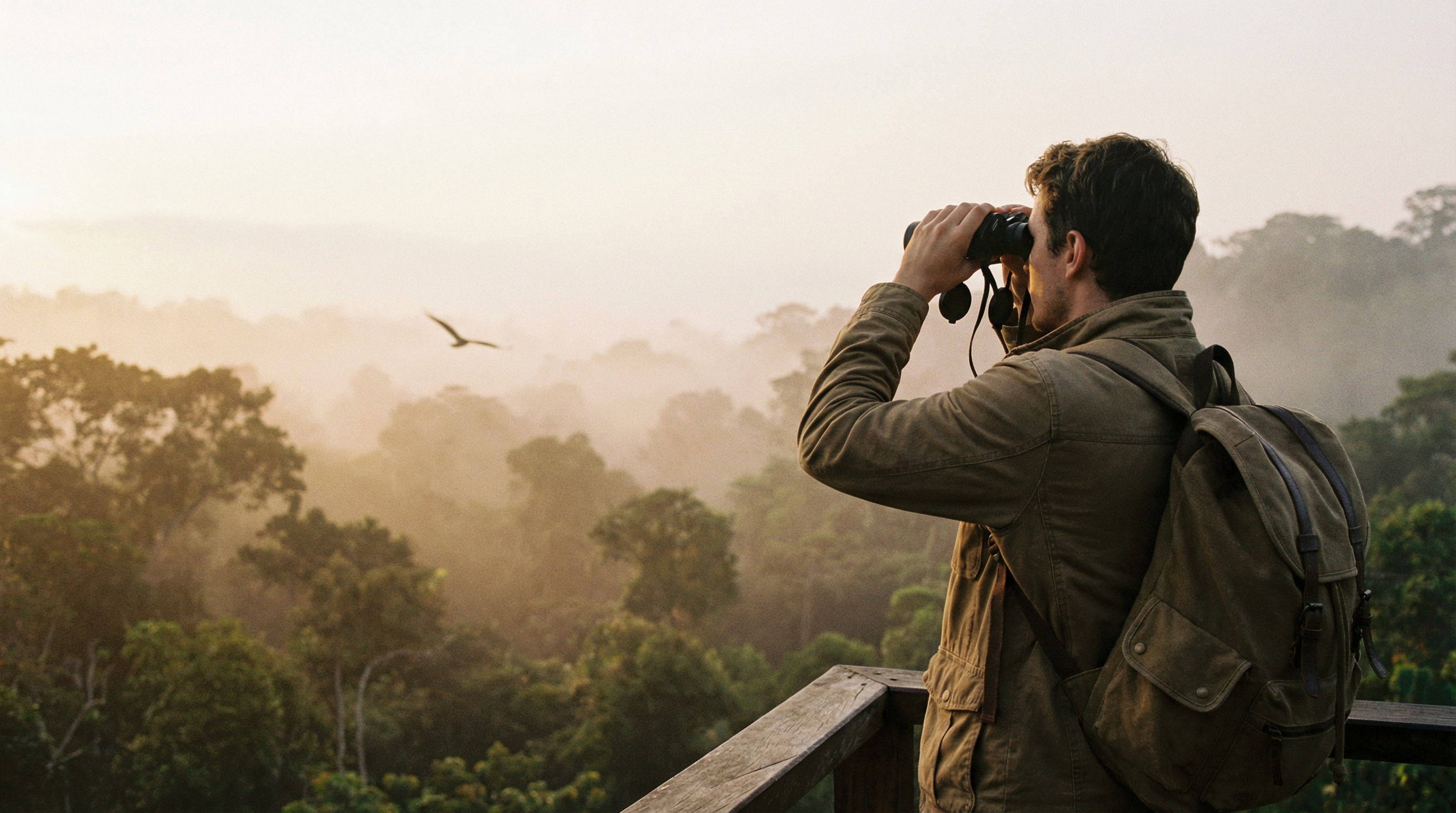 Traveler birdwatching with binoculars in nature