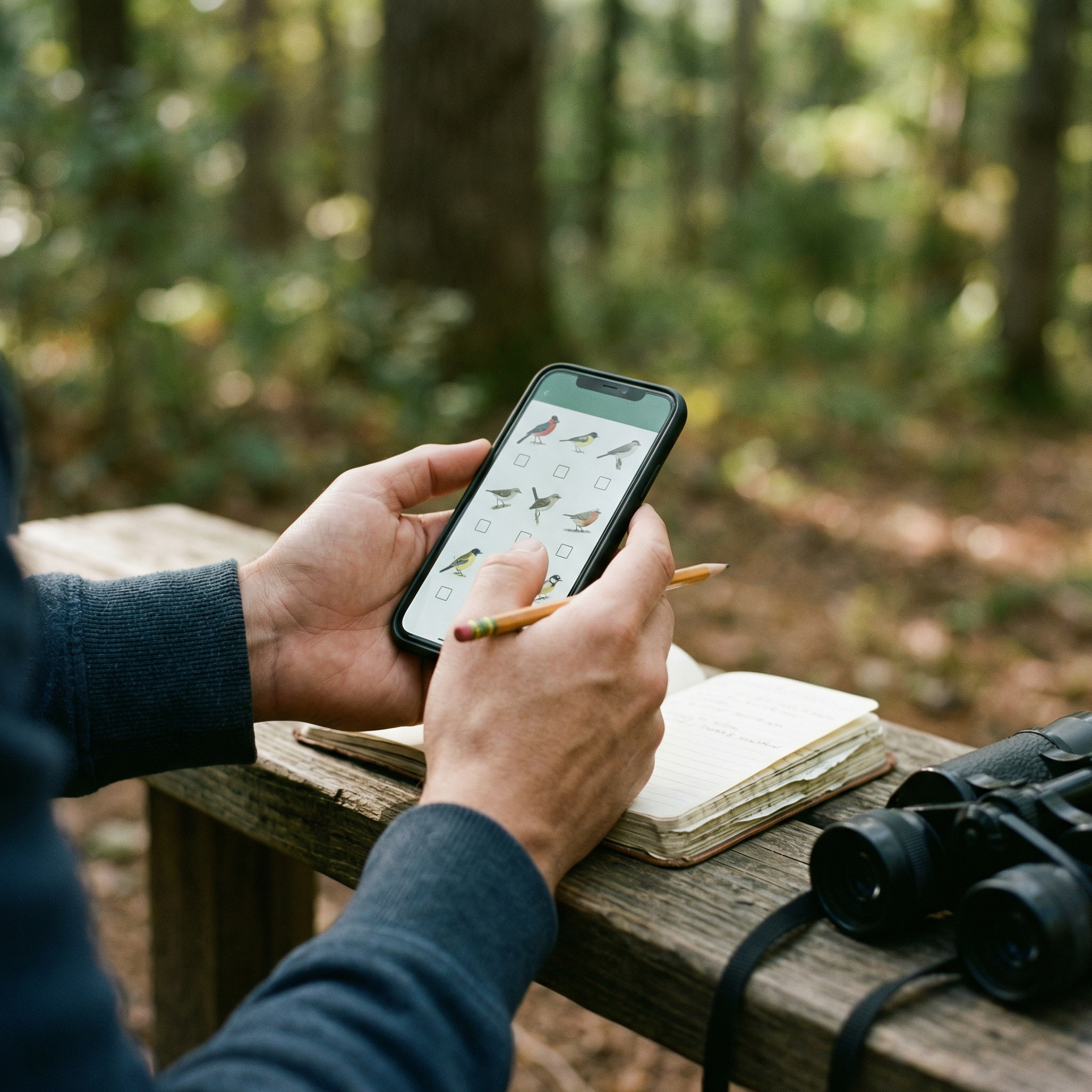 Recording bird sightings using a notebook and phone