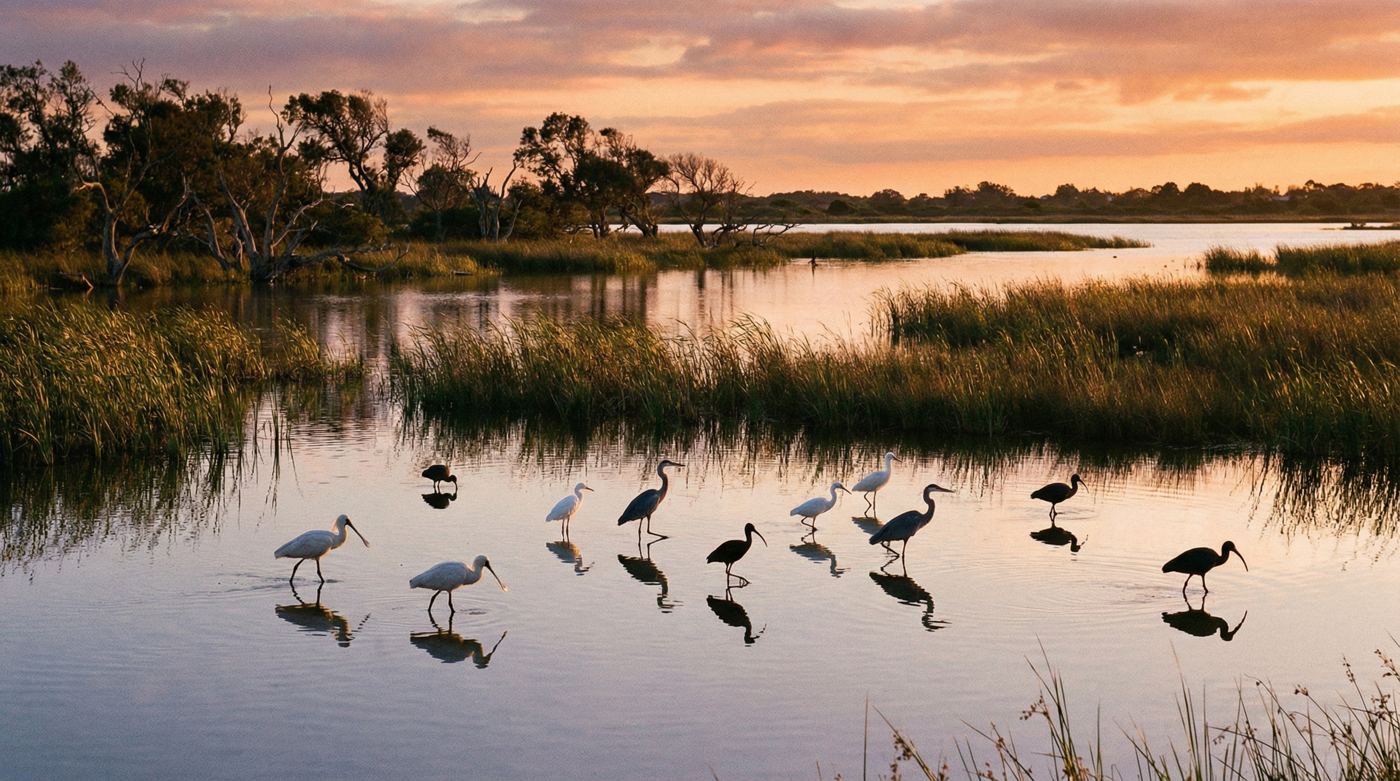 Wetland bird habitat at sunrise