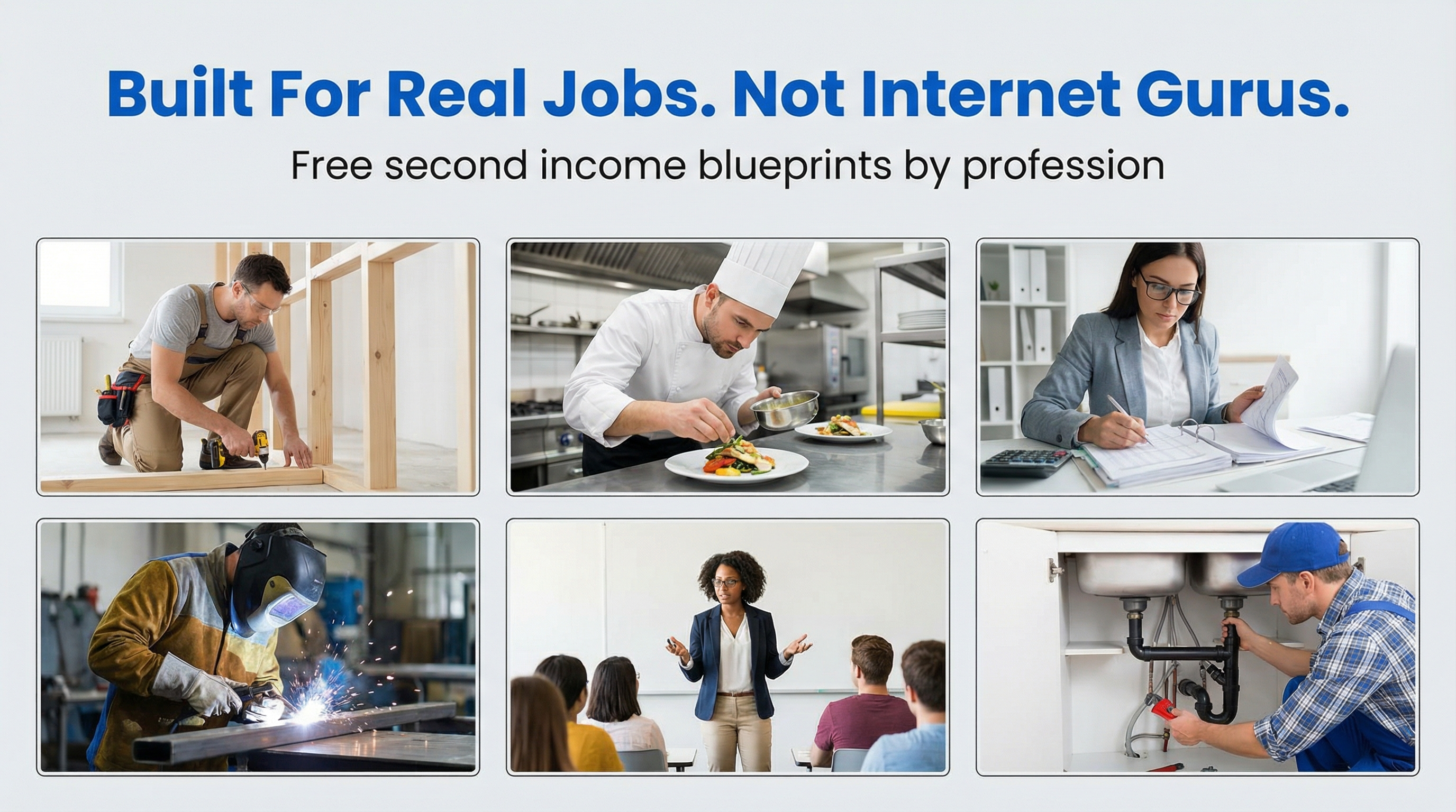 Built for real jobs — free second income blueprints by profession