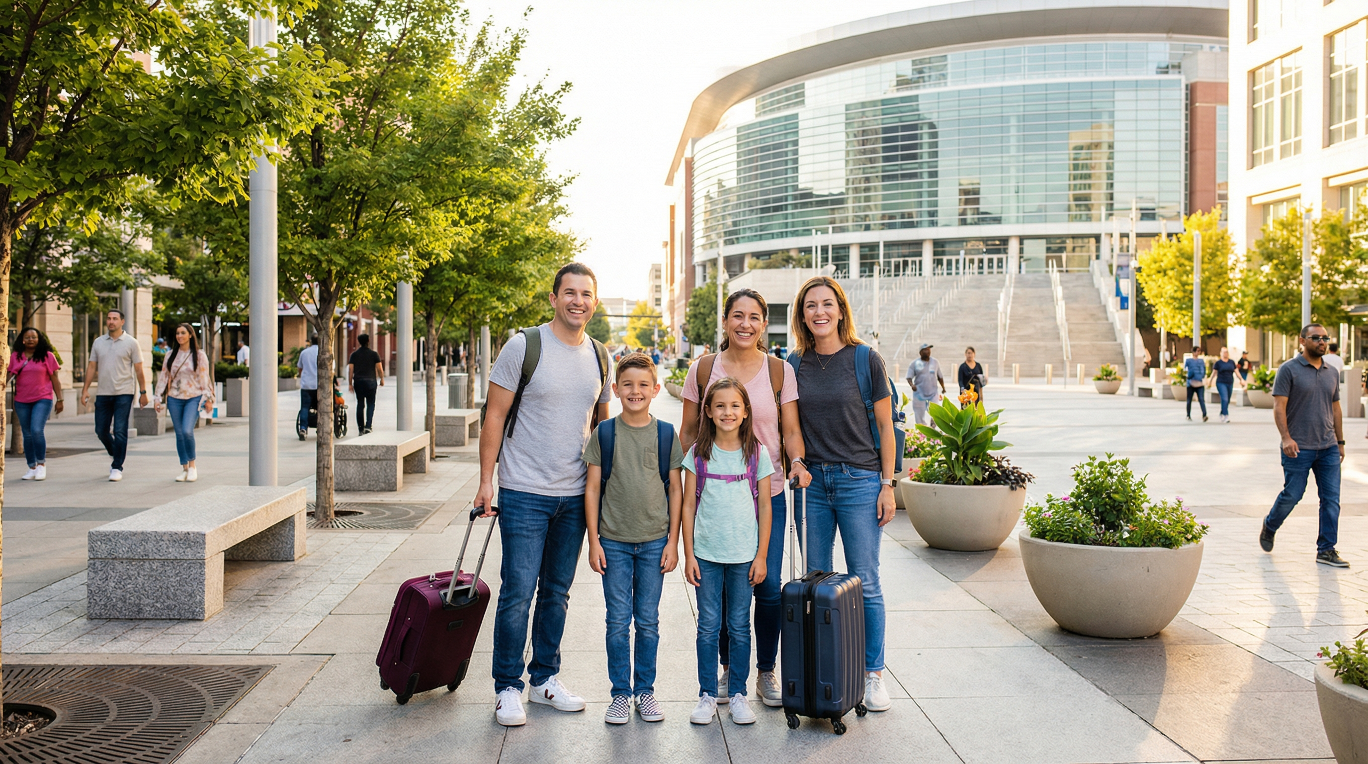 Family attending international sporting event while traveling