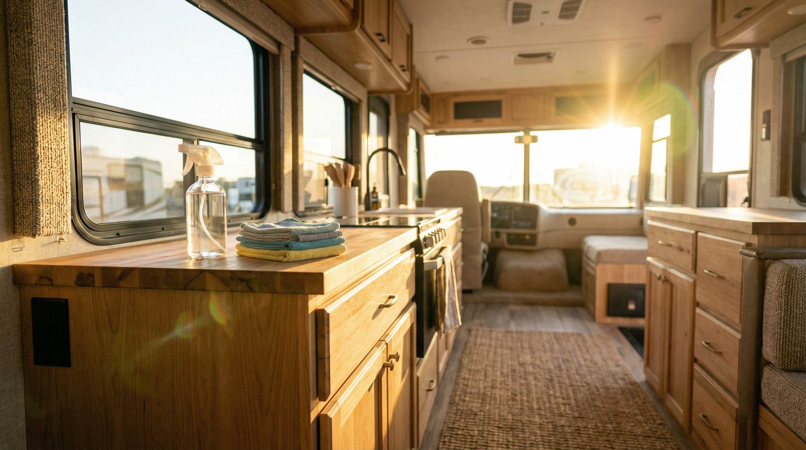 Clean, organized RV interior with practical cleaning supplies