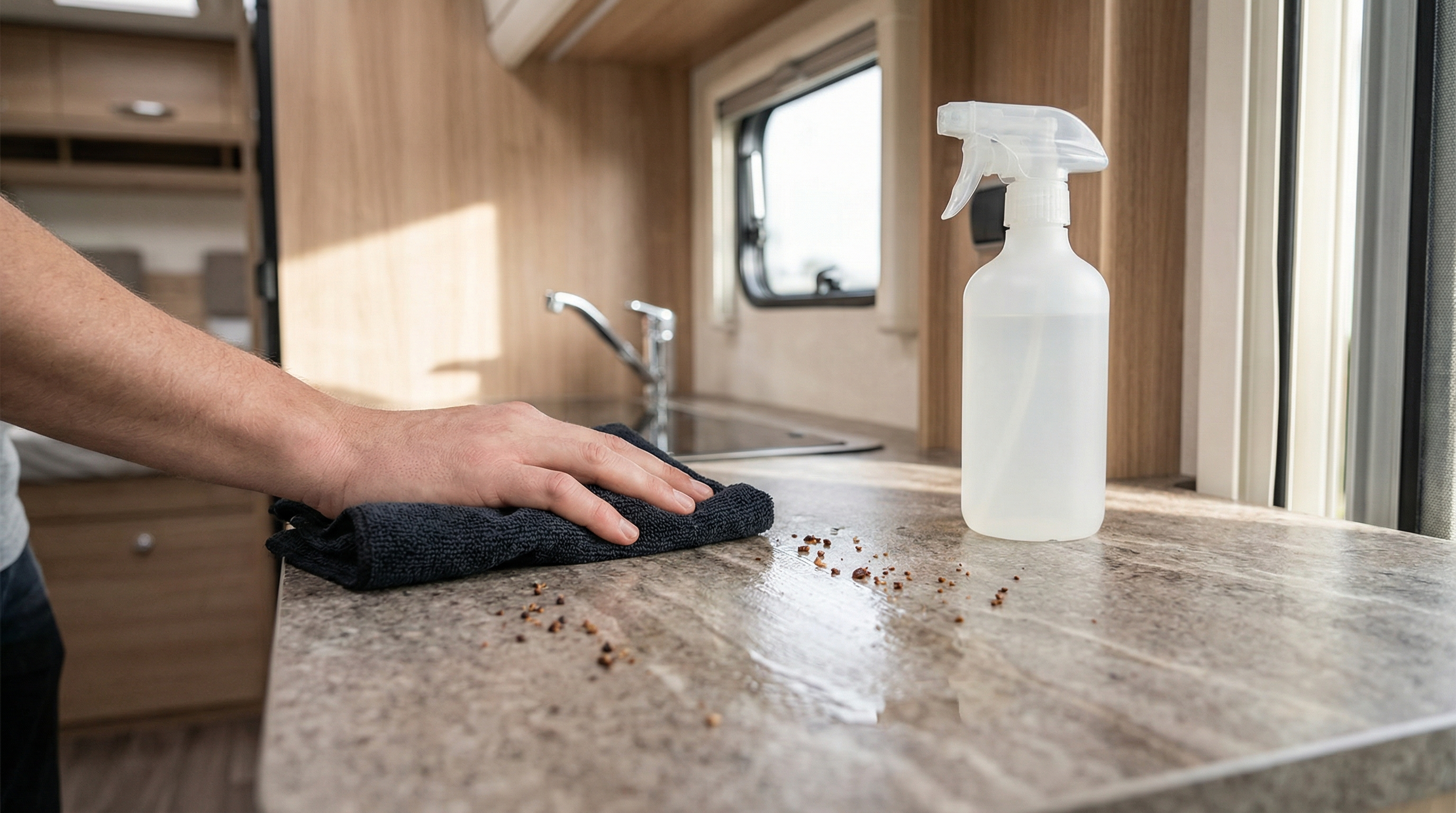 All-purpose cleaner being used on an RV countertop with microfiber cloth