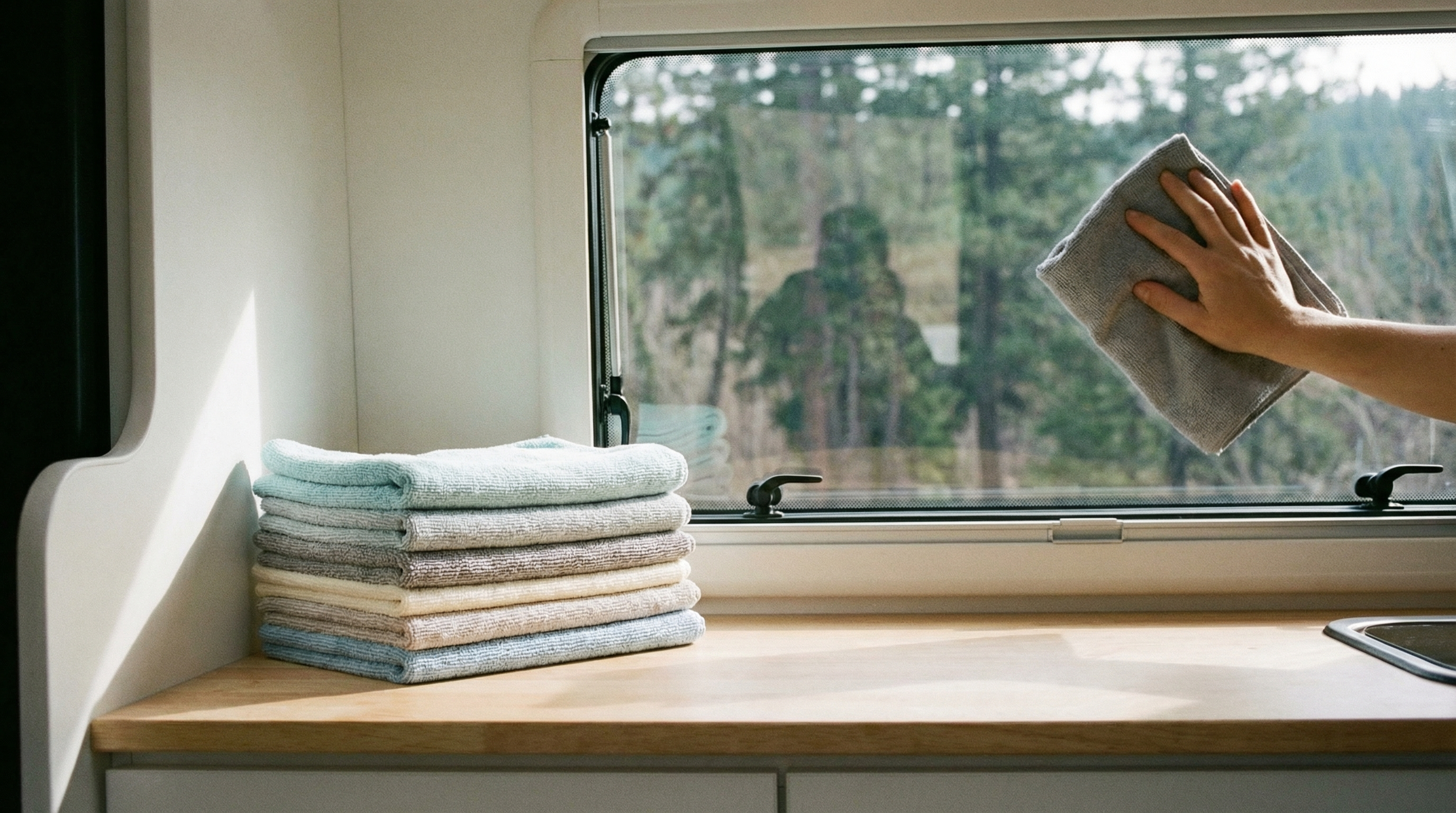 Microfiber towels used for streak-free cleaning in an RV