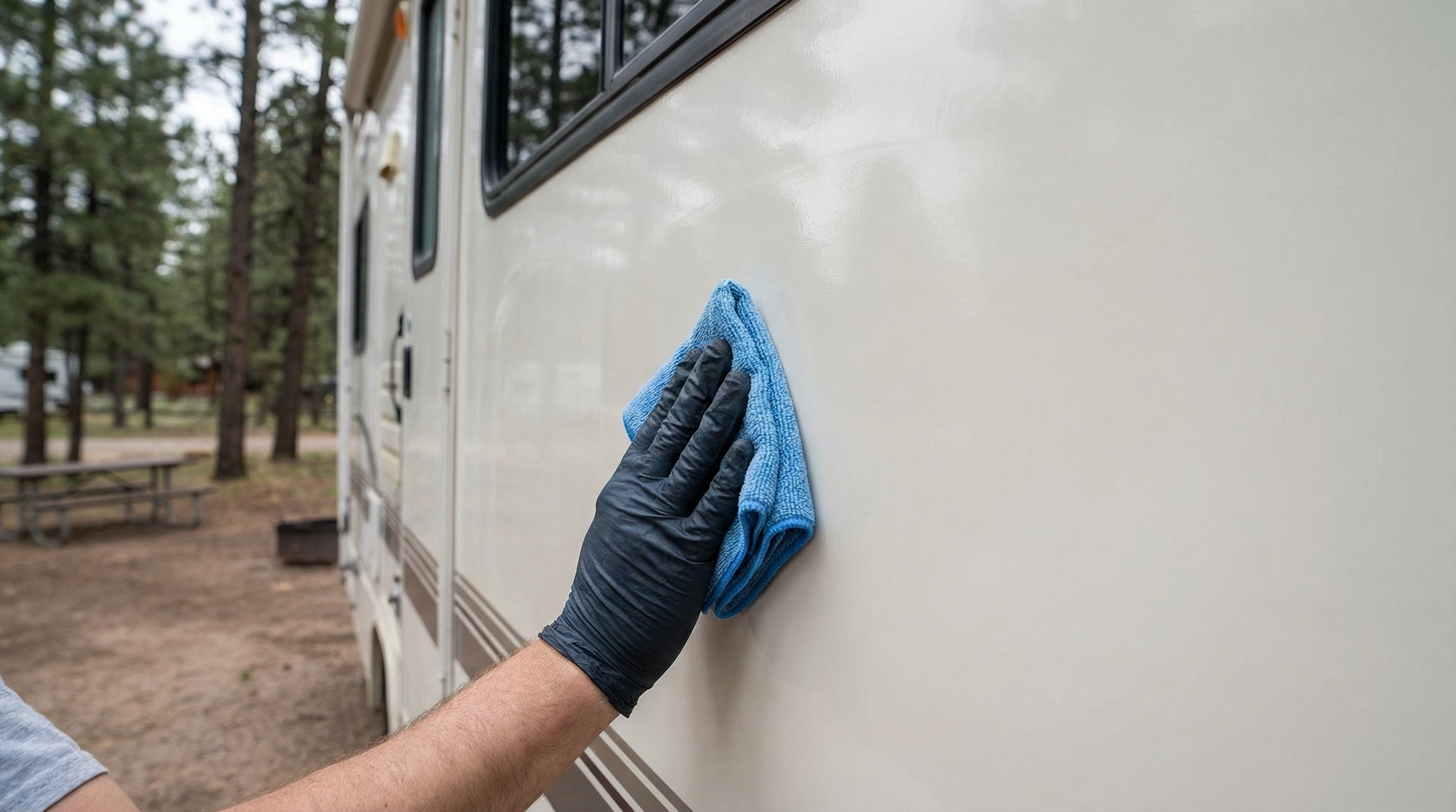 RV exterior being buffed with protectant to prevent UV damage and oxidation