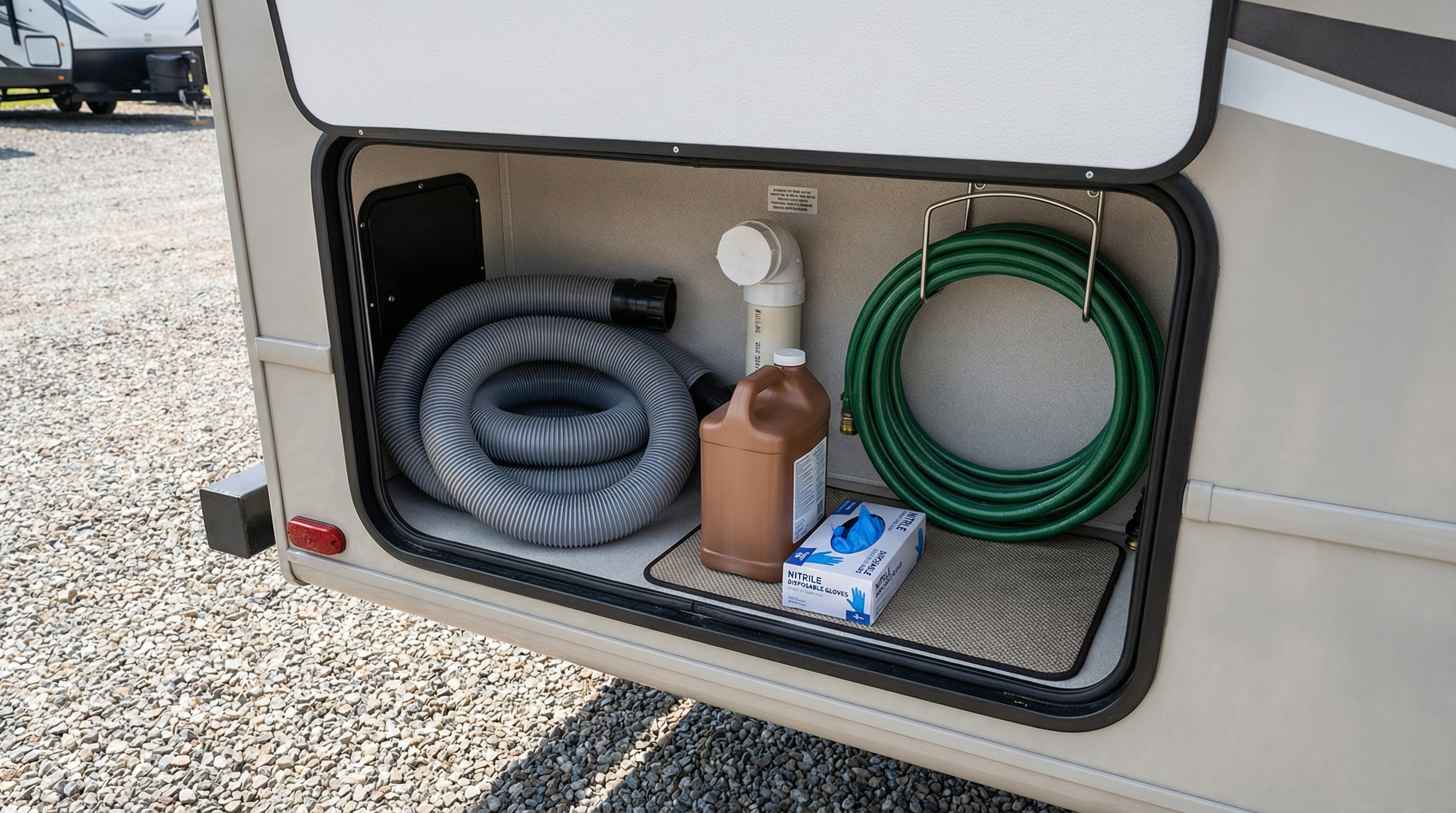 Clean RV maintenance setup near waste system area with treatment supplies