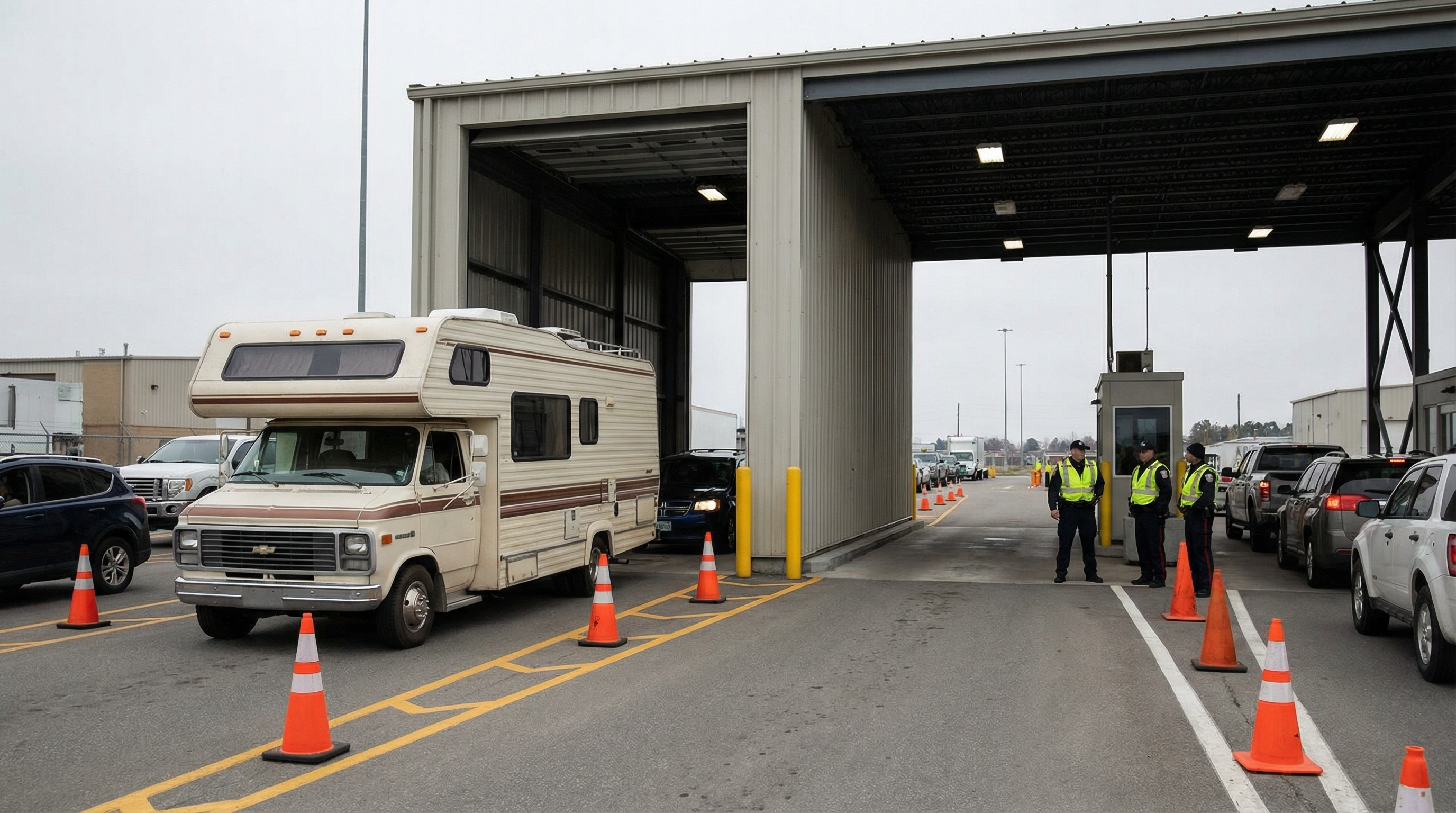 RV in a secondary inspection area at a border crossing
