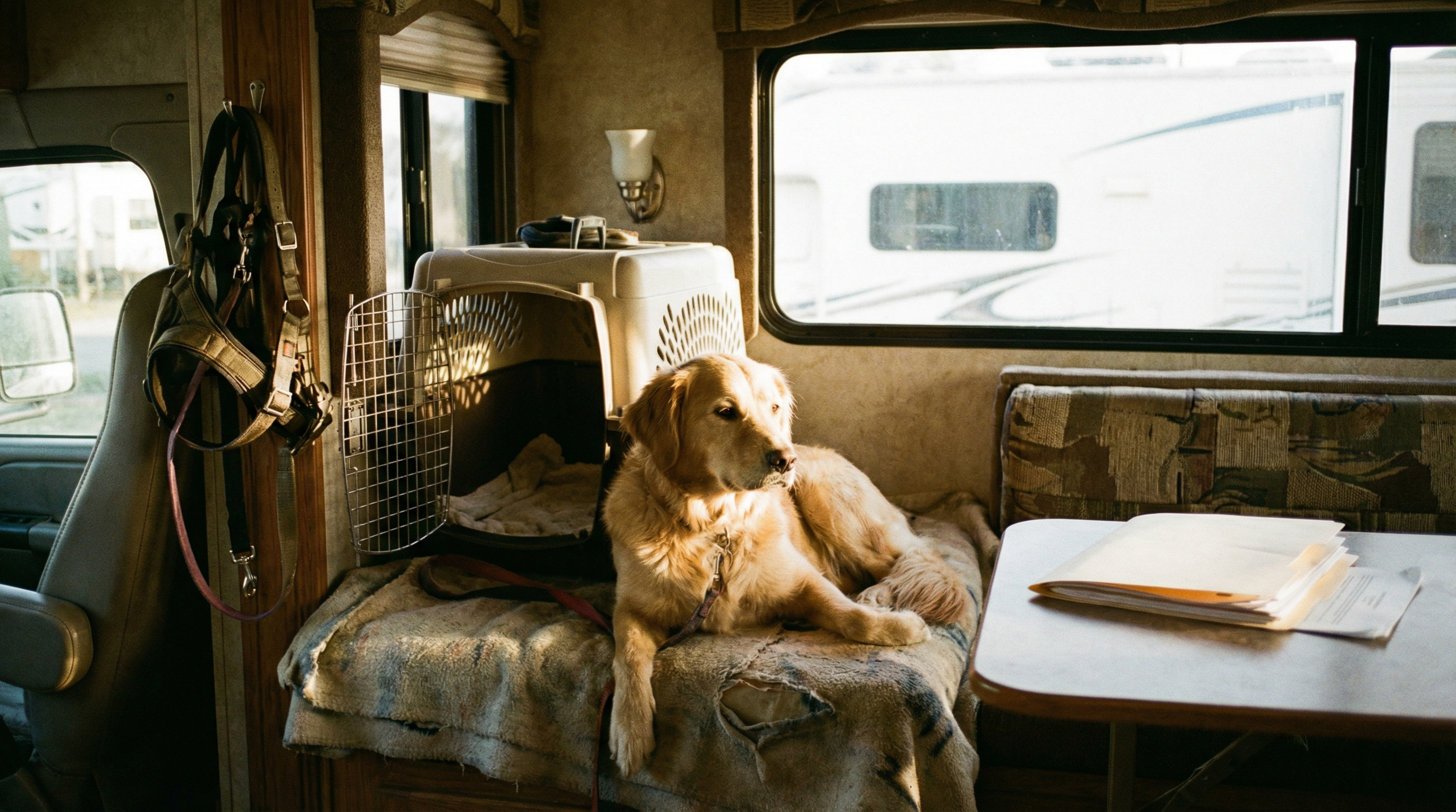 Dog resting calmly inside an RV during travel