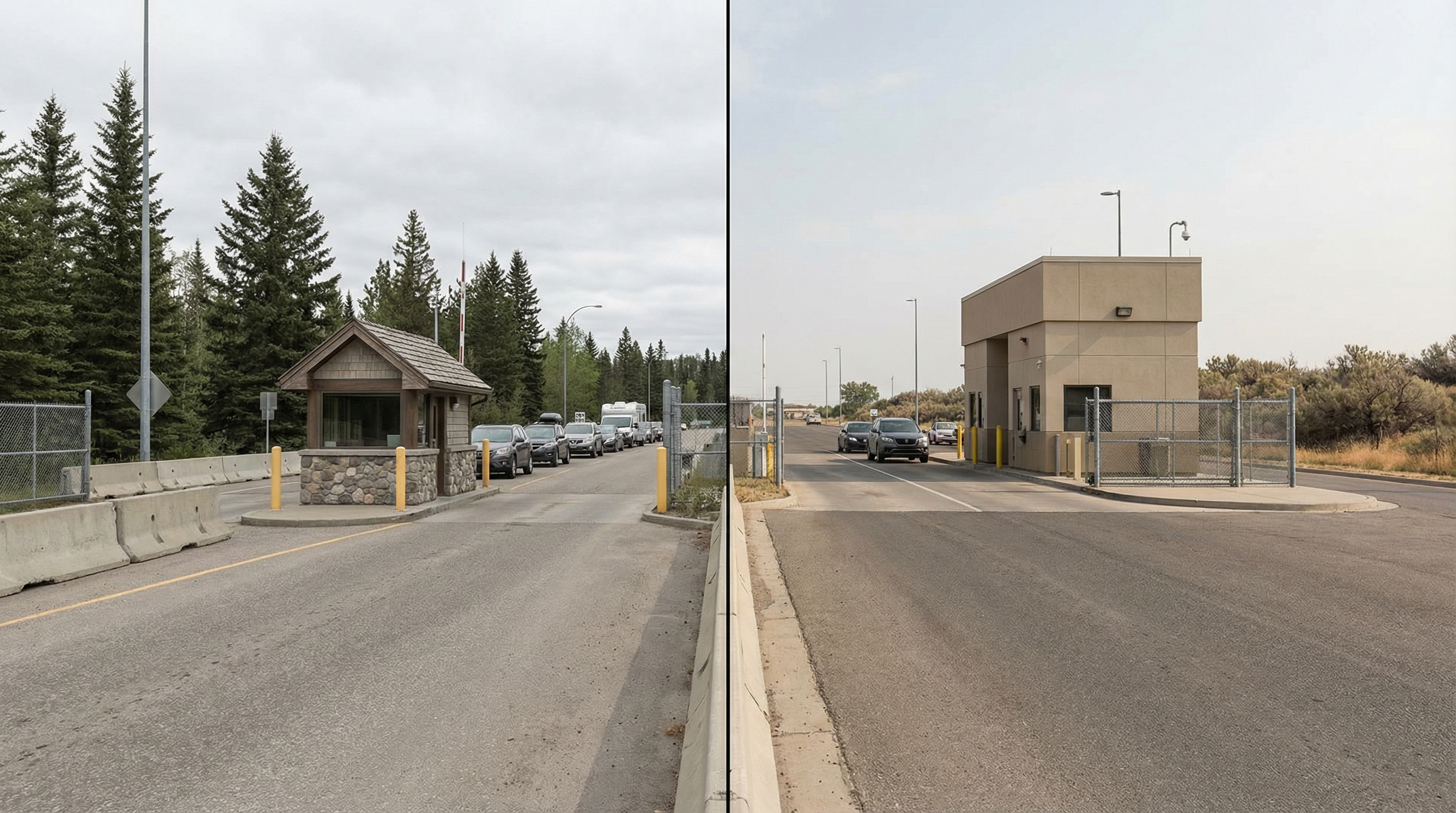 Split view representing Canada and US border crossing environments
