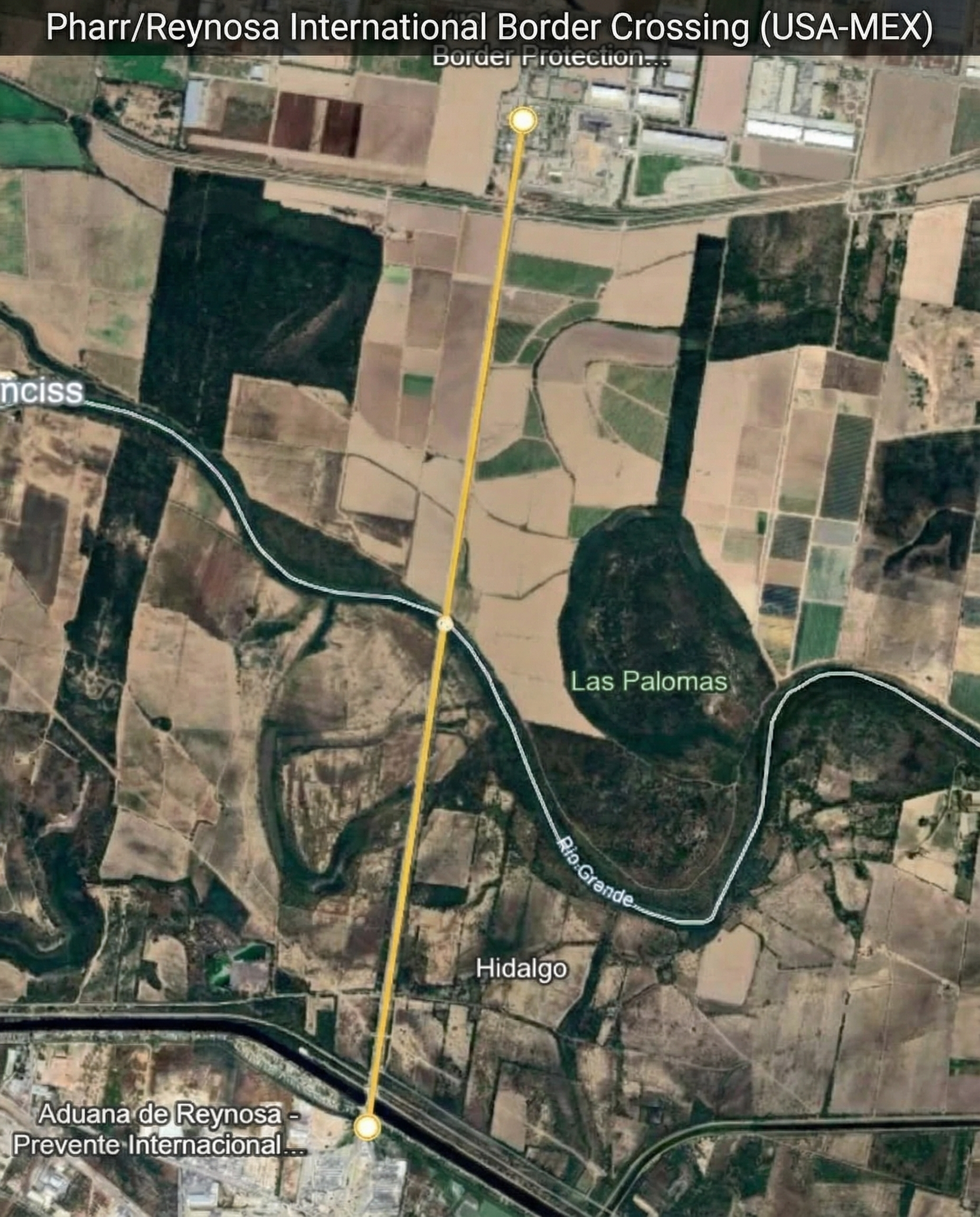 Map view showing where to park and where to complete Mexico border paperwork (TIP area)