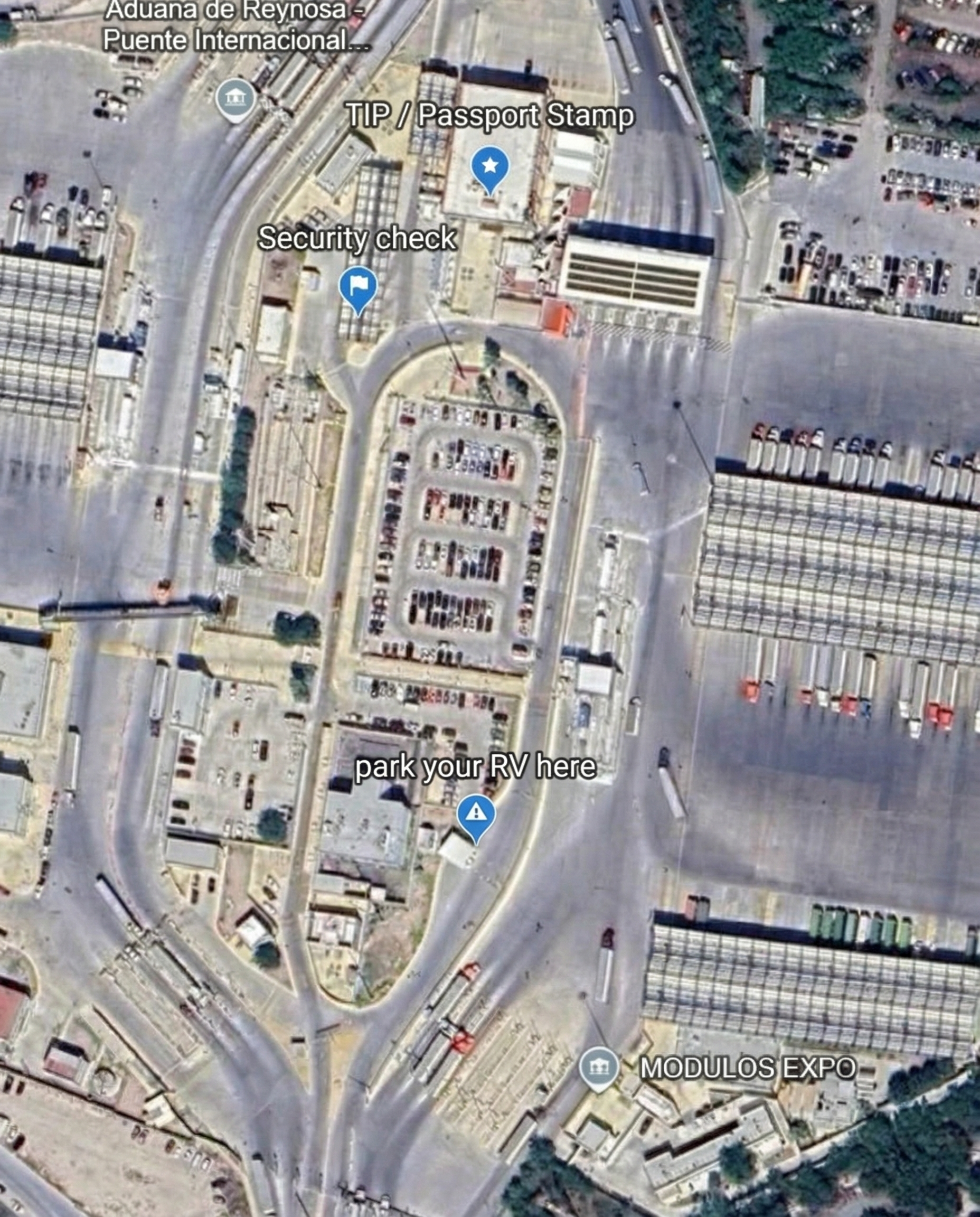 Zoomed map showing Aduanas / TIP area near Reynosa crossing