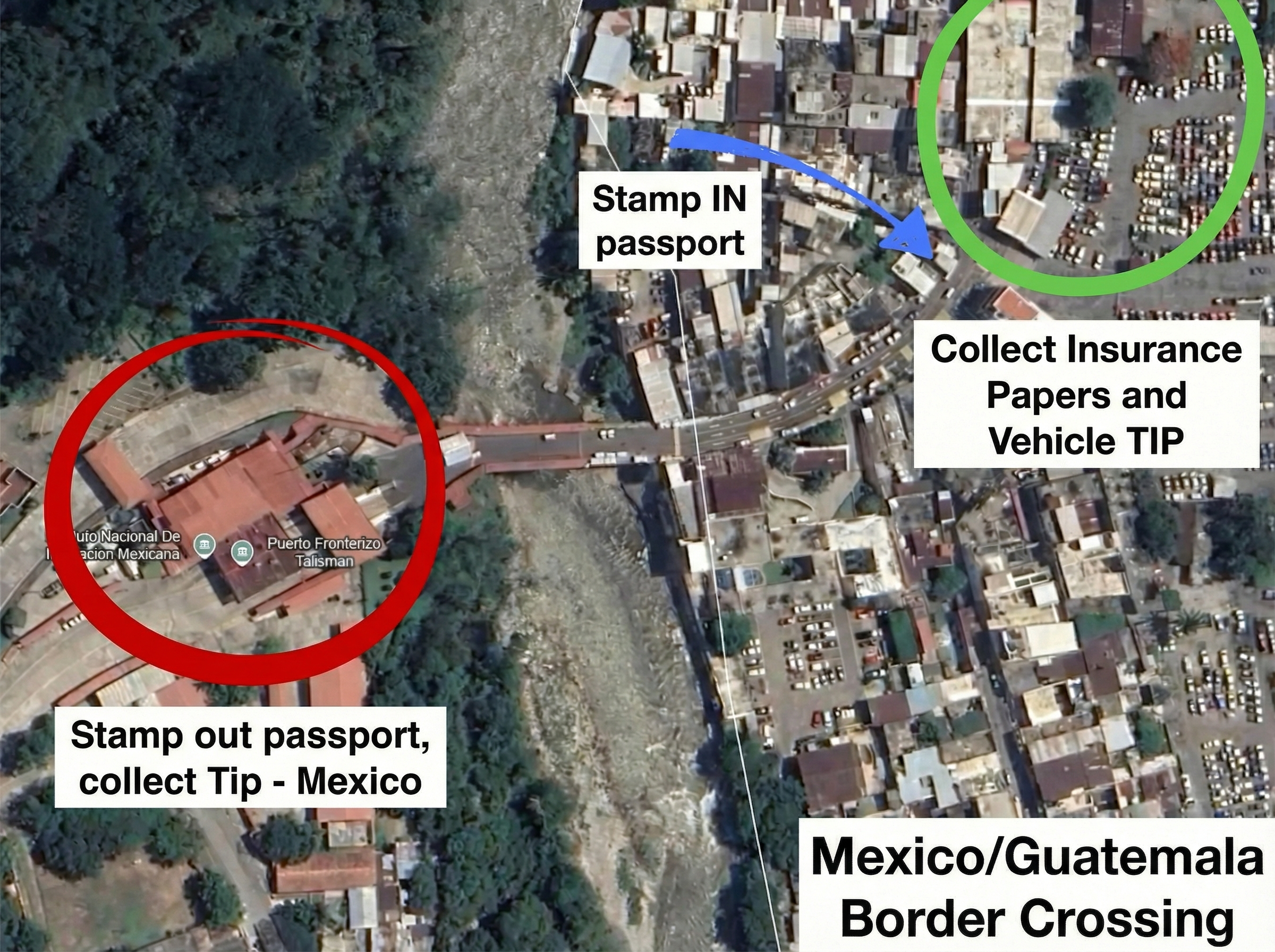 Map showing Mexico Guatemala crossing DIY steps and office order