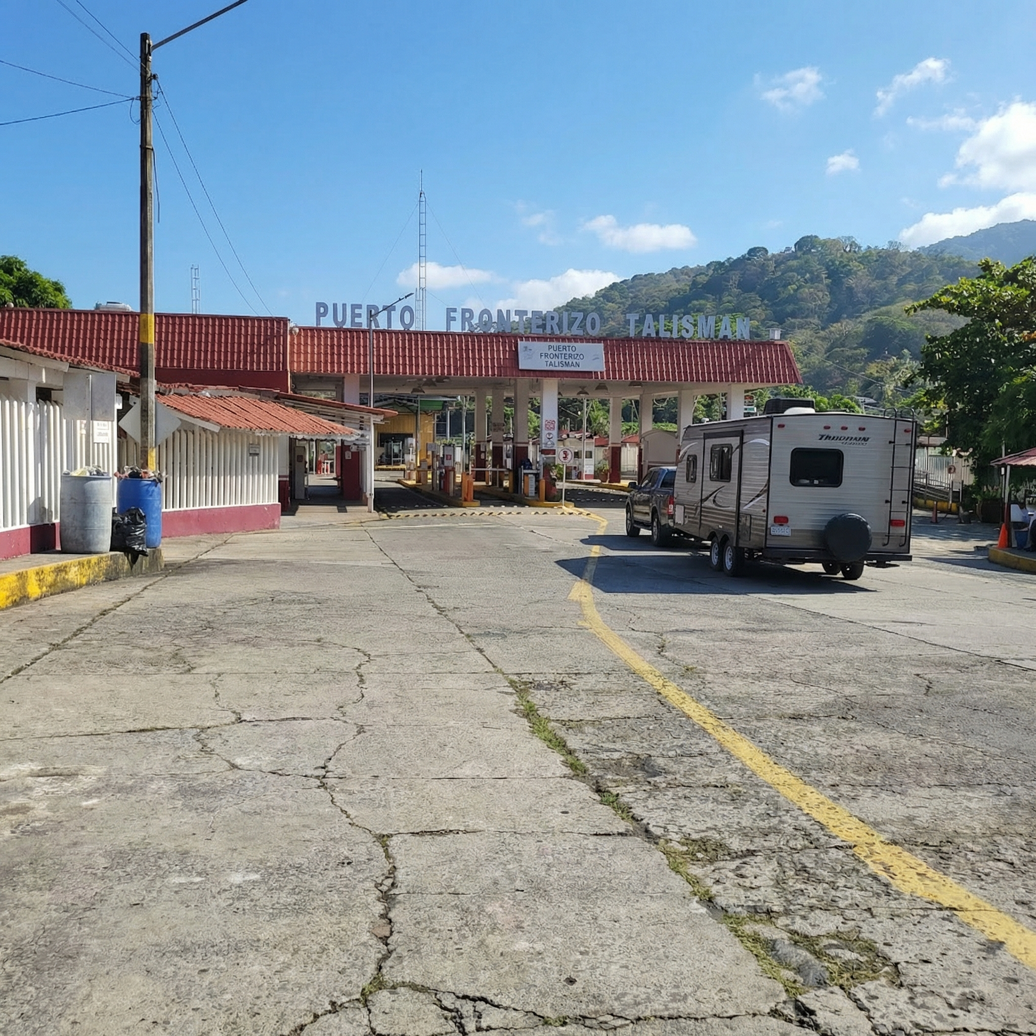 Travel trailer approaching Mexico to Guatemala border checkpoint
