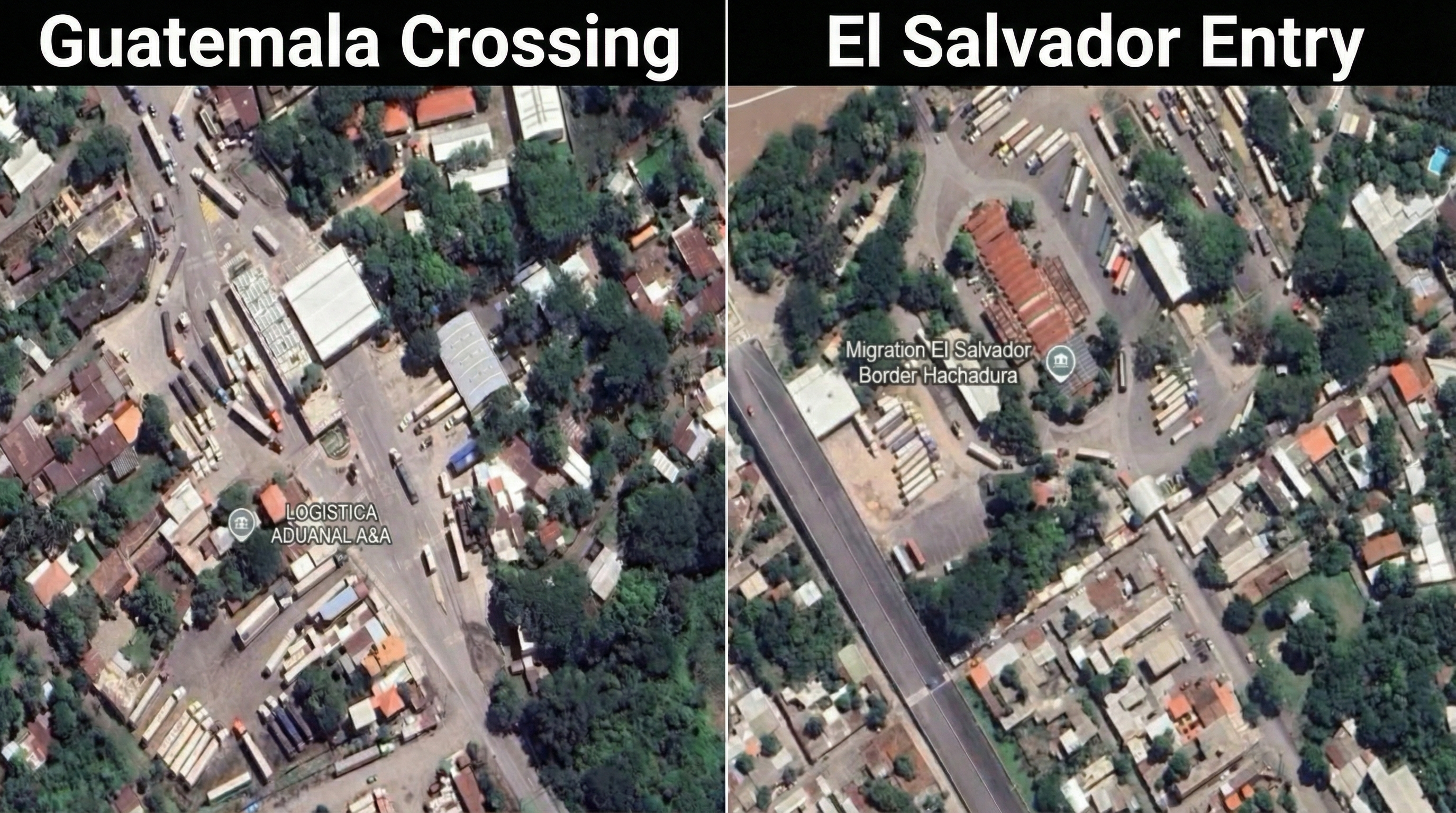 Guatemala exit and El Salvador entry split screen border crossing